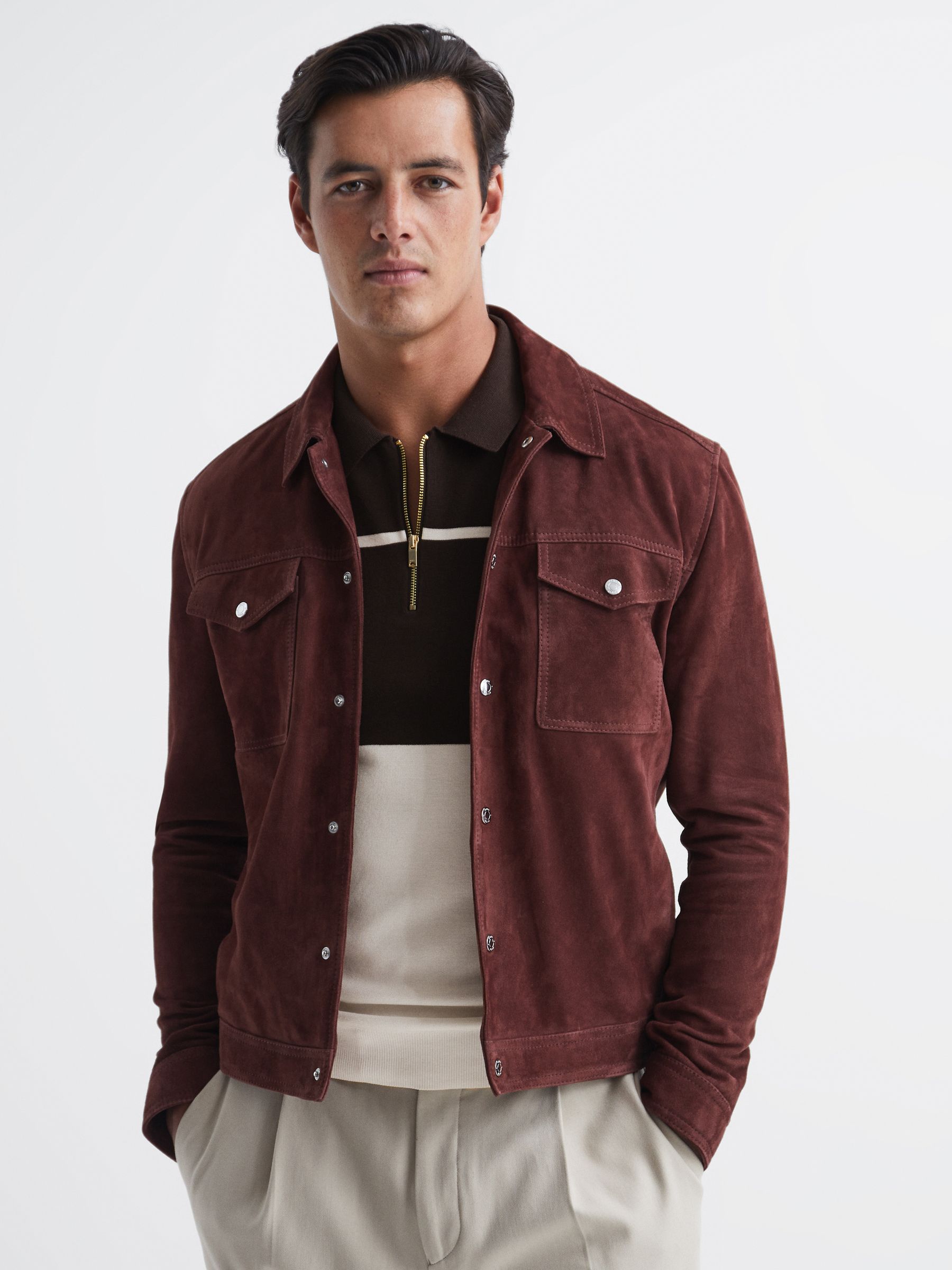 Slim Fit Half Zip Colourblock Polo Shirt in Chocolate/White - Image 2 of 6 Slim Fit Half Zip Colourblock Polo Shirt in Chocolate/White - Image 2 of 6