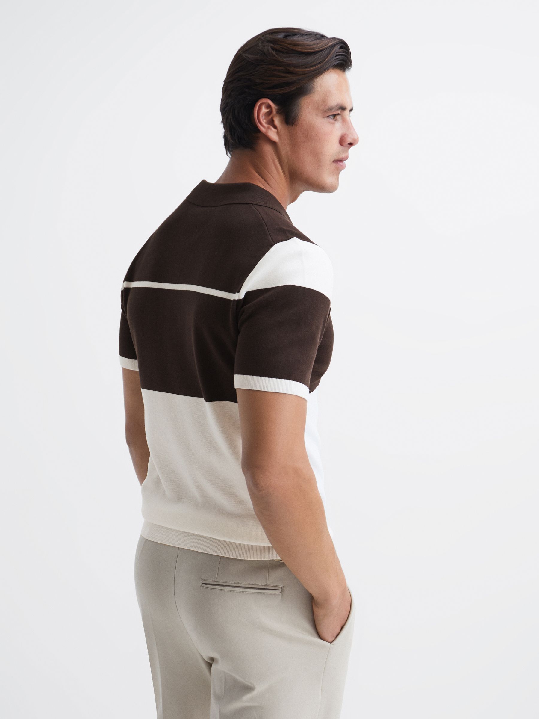 Slim Fit Half Zip Colourblock Polo Shirt in Chocolate/White - Image 3 of 6