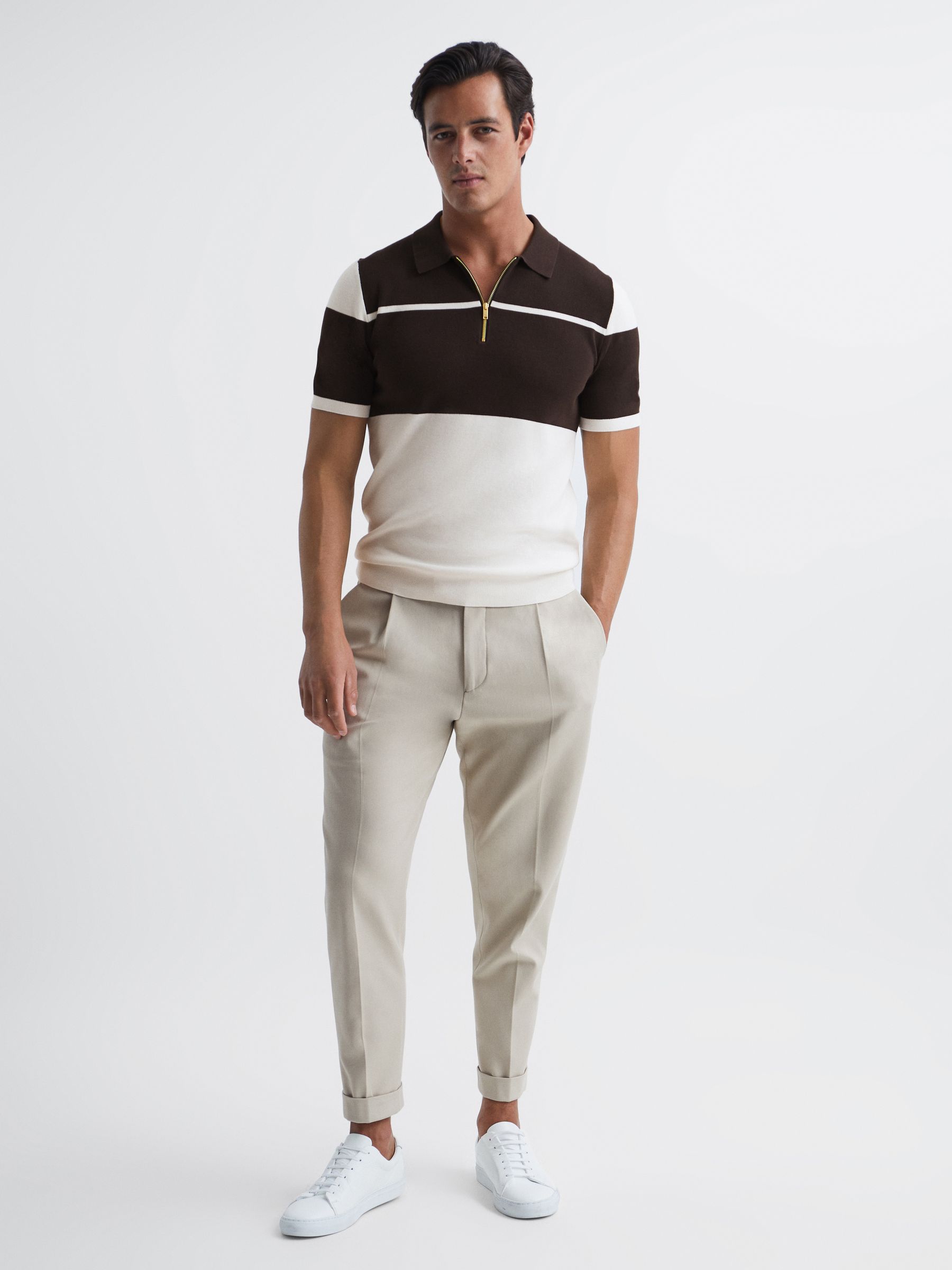 Slim Fit Half Zip Colourblock Polo Shirt in Chocolate/White - Image 4 of 6