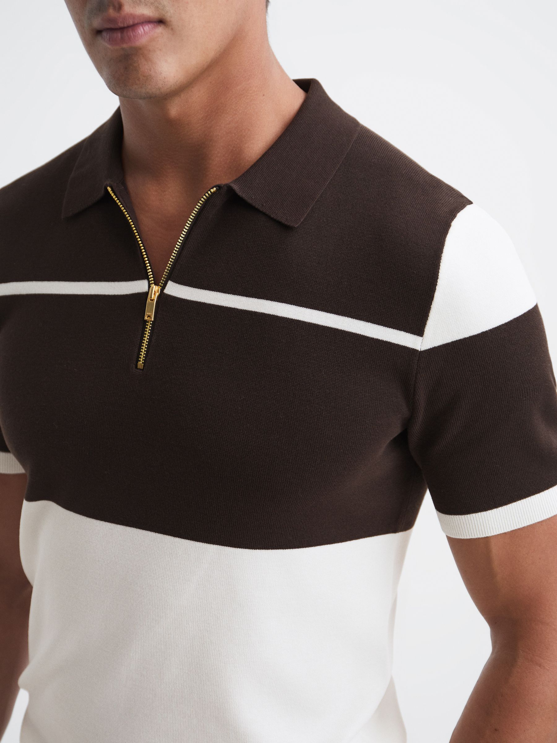 Slim Fit Half Zip Colourblock Polo Shirt in Chocolate/White - Image 5 of 6