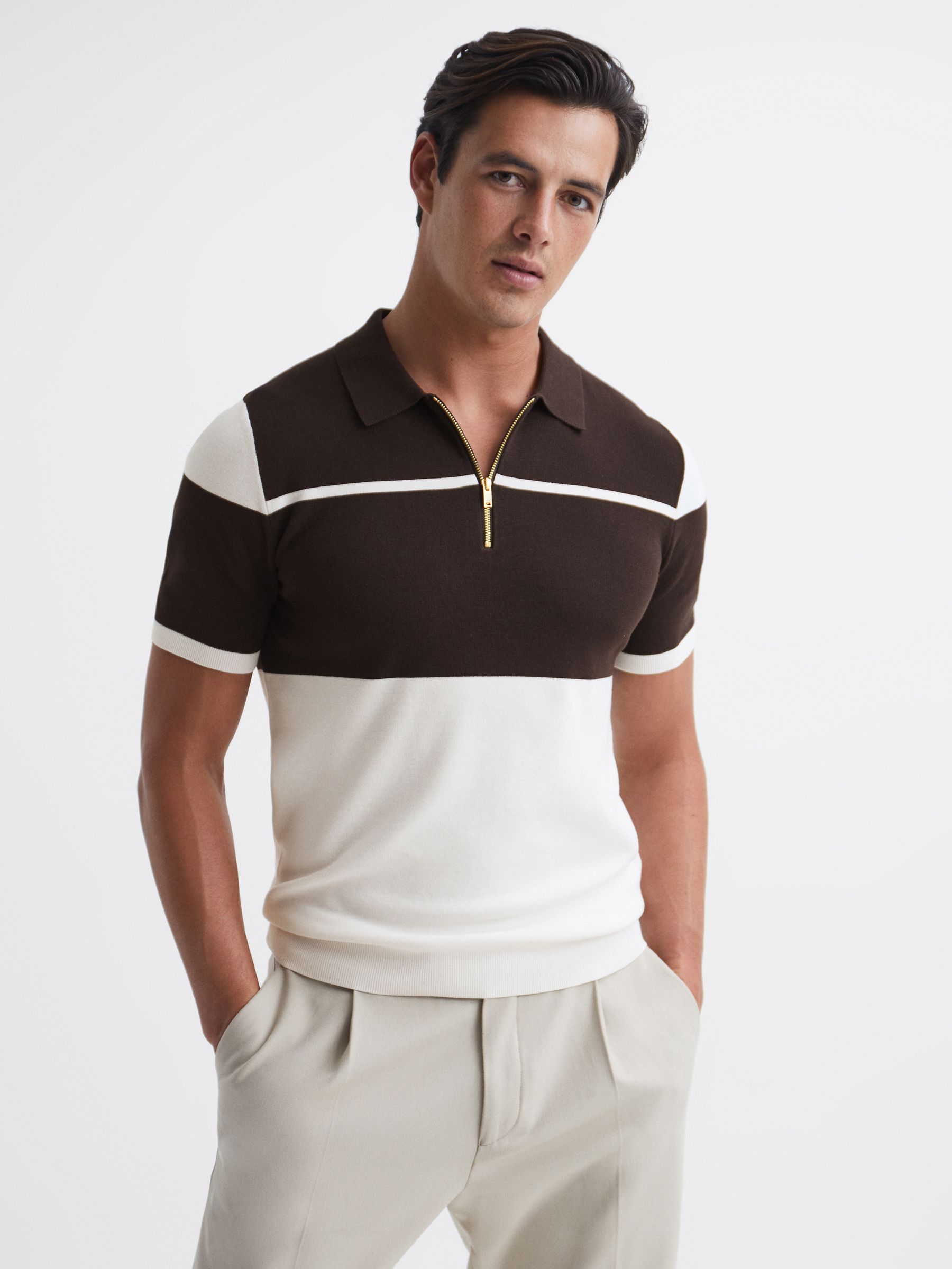 Slim Fit Half Zip Colourblock Polo Shirt in Chocolate/White - Image 6 of 6
