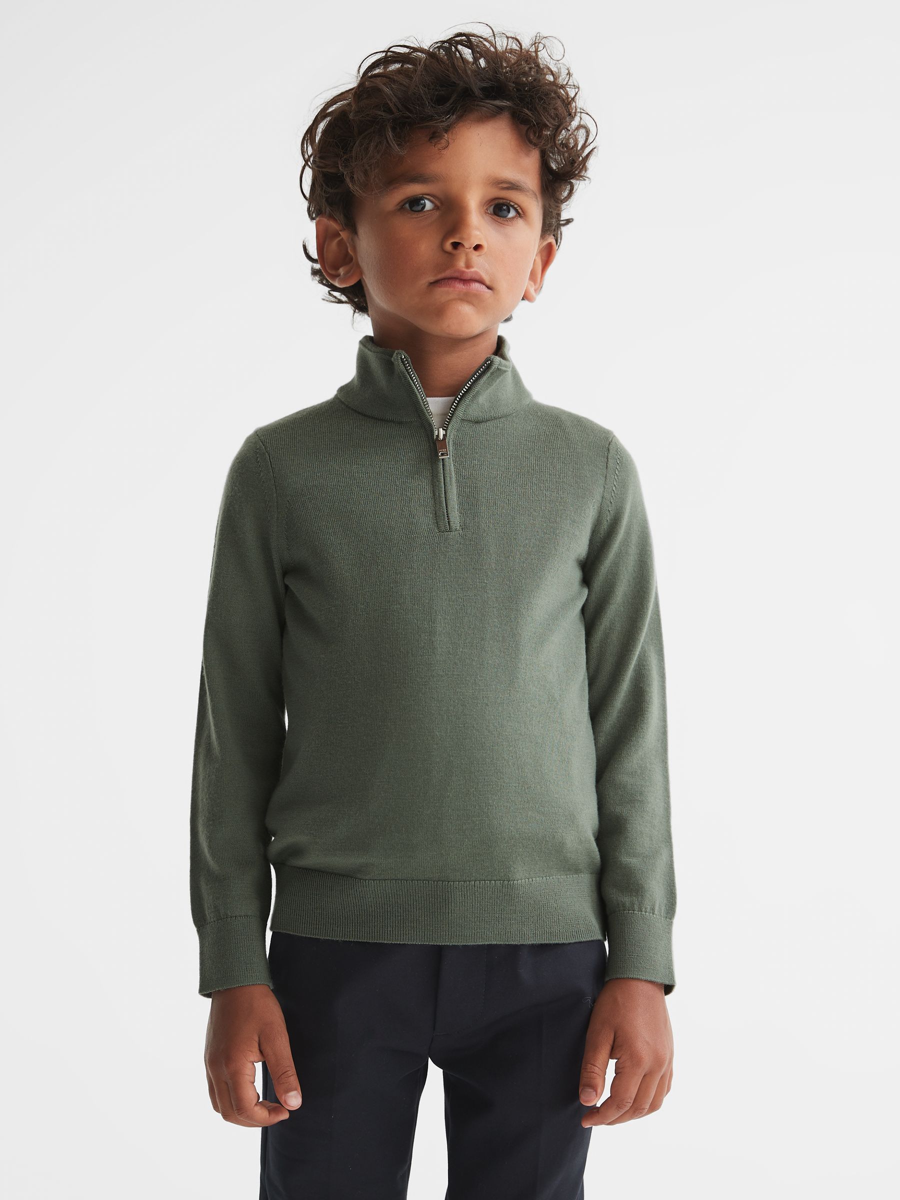 Junior Merino Wool Zip-Neck Jumper in Rosemary - Image 4 of 6