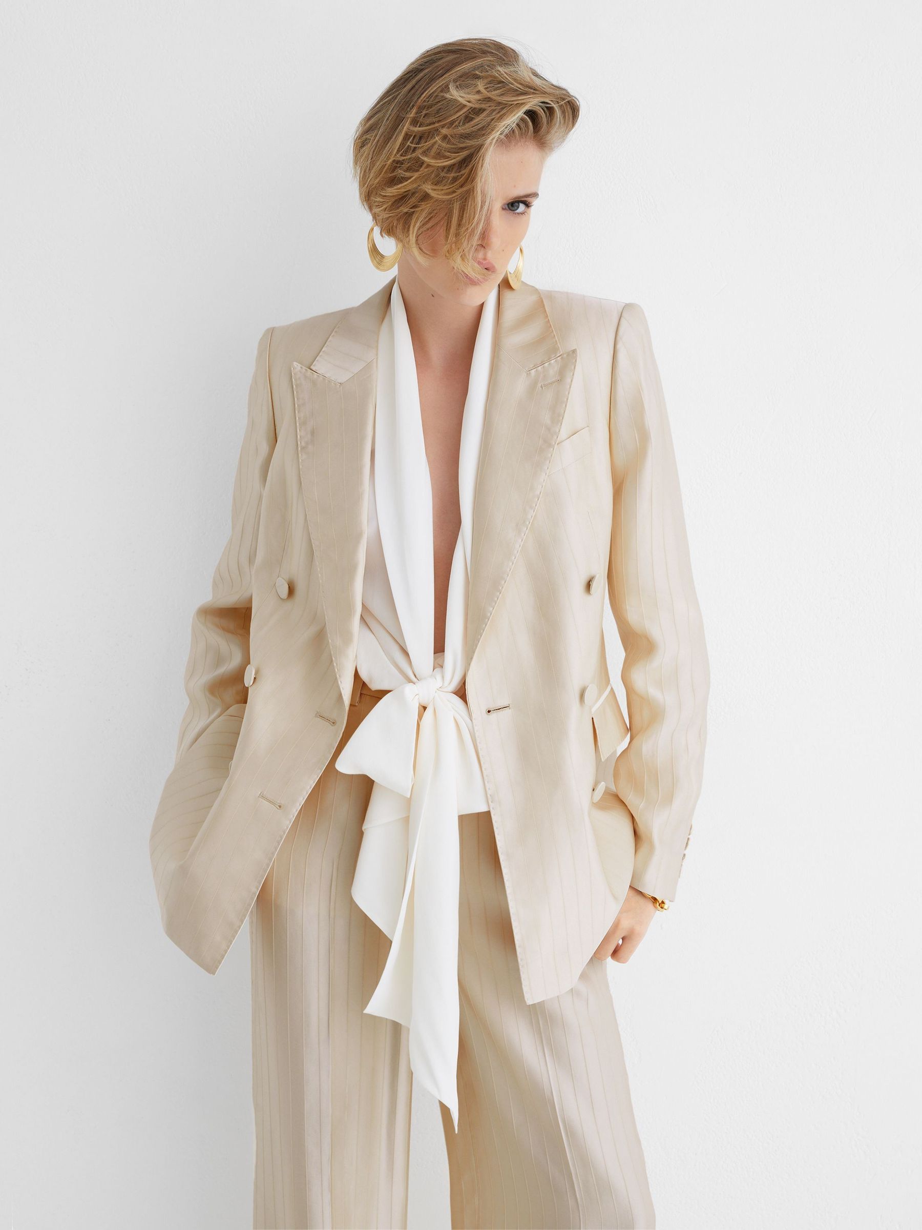 Atelier Cream Satin Pinstripe Double-Breasted Blazer in Cream - Image 3 of 9