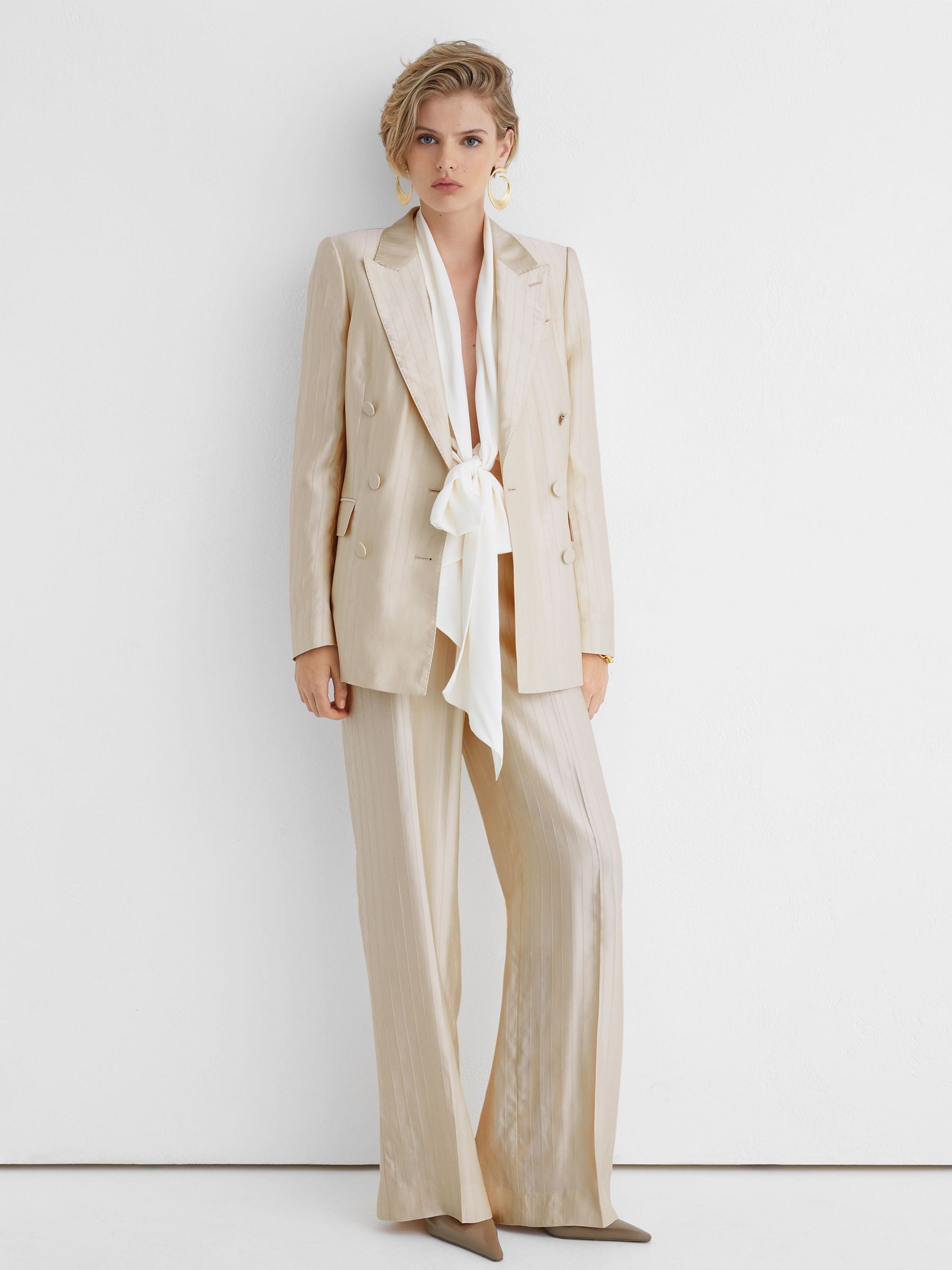Atelier Cream Satin Pinstripe Double-Breasted Blazer in Cream - Image 4 of 9