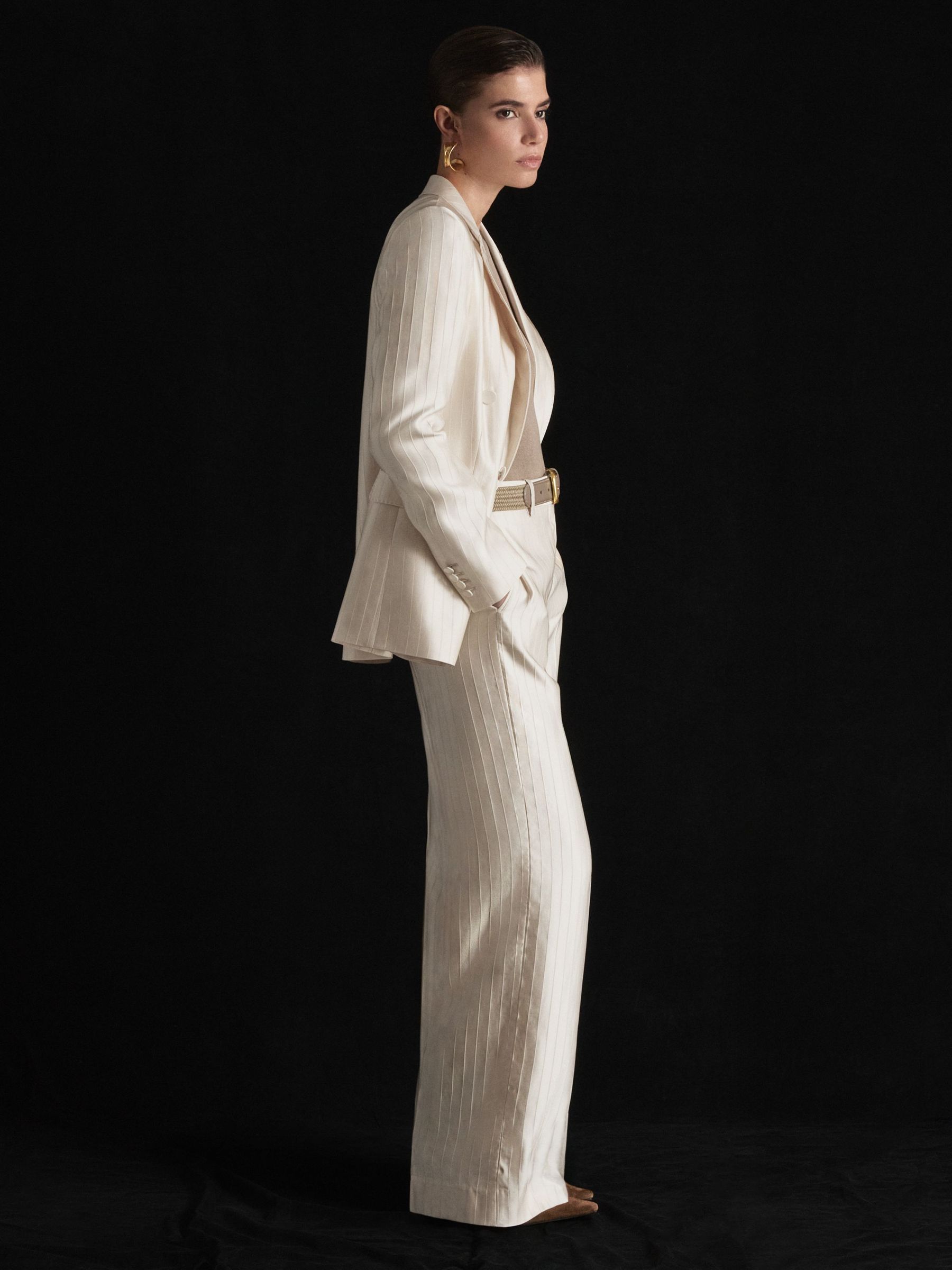 Atelier Satin Pinstripe Wide-Leg Trousers in Cream - Image 1 of 6