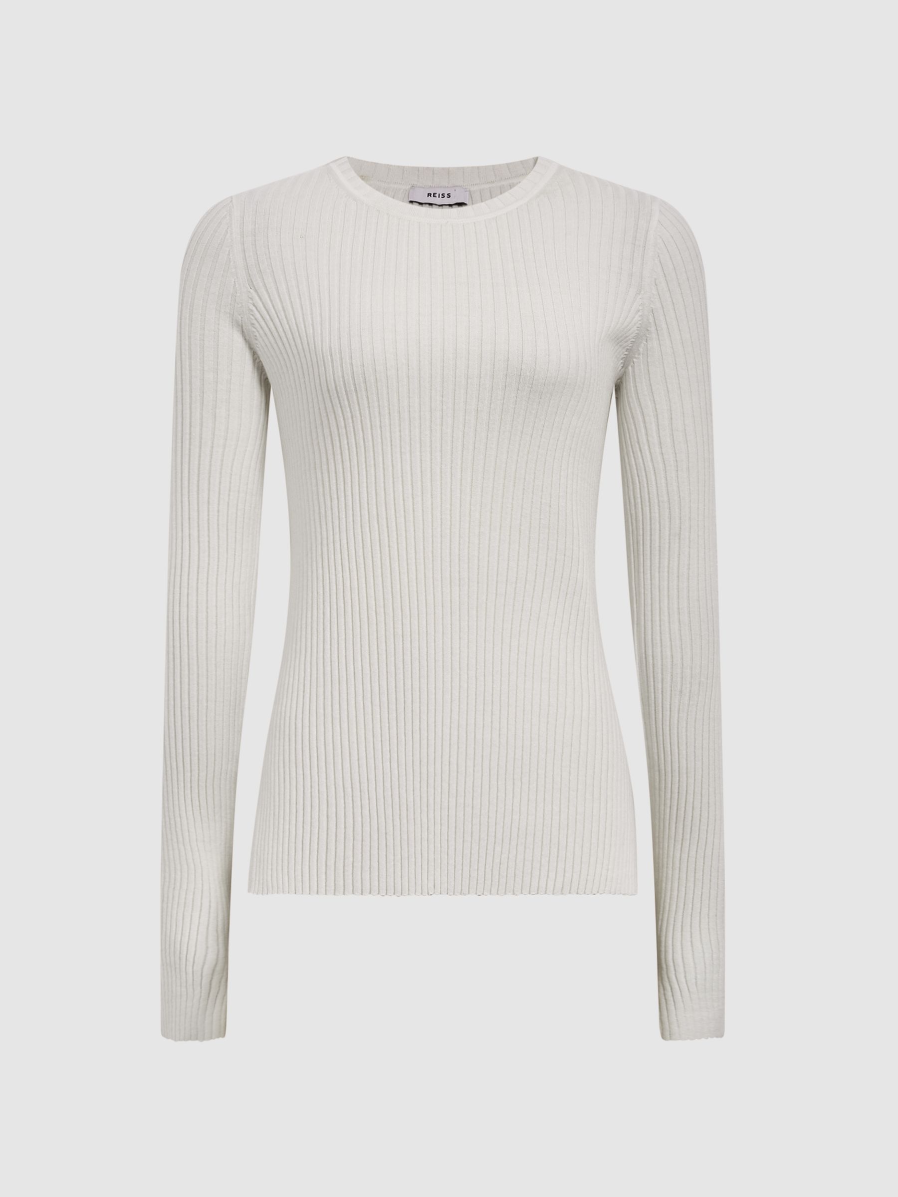 Slim Fit Ribbed Crew Neck Split Sleeve Jumper in Cream - Image 2 of 6