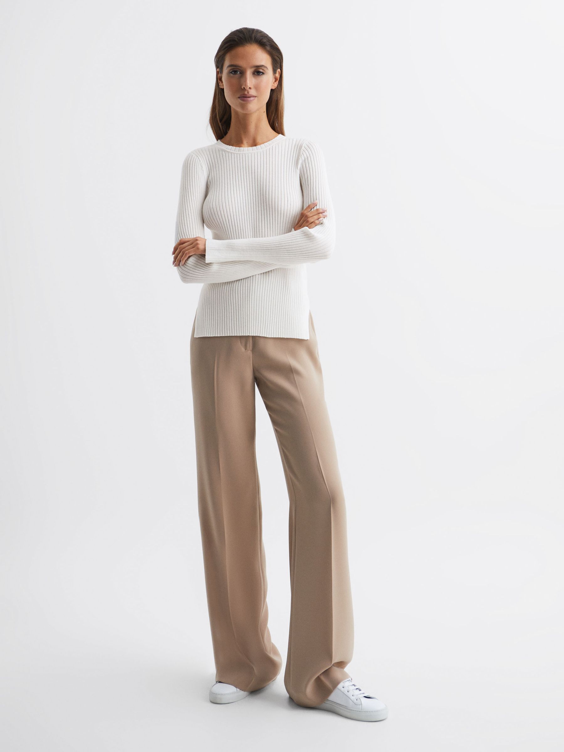 Slim Fit Ribbed Crew Neck Split Sleeve Jumper in Cream - Image 3 of 6