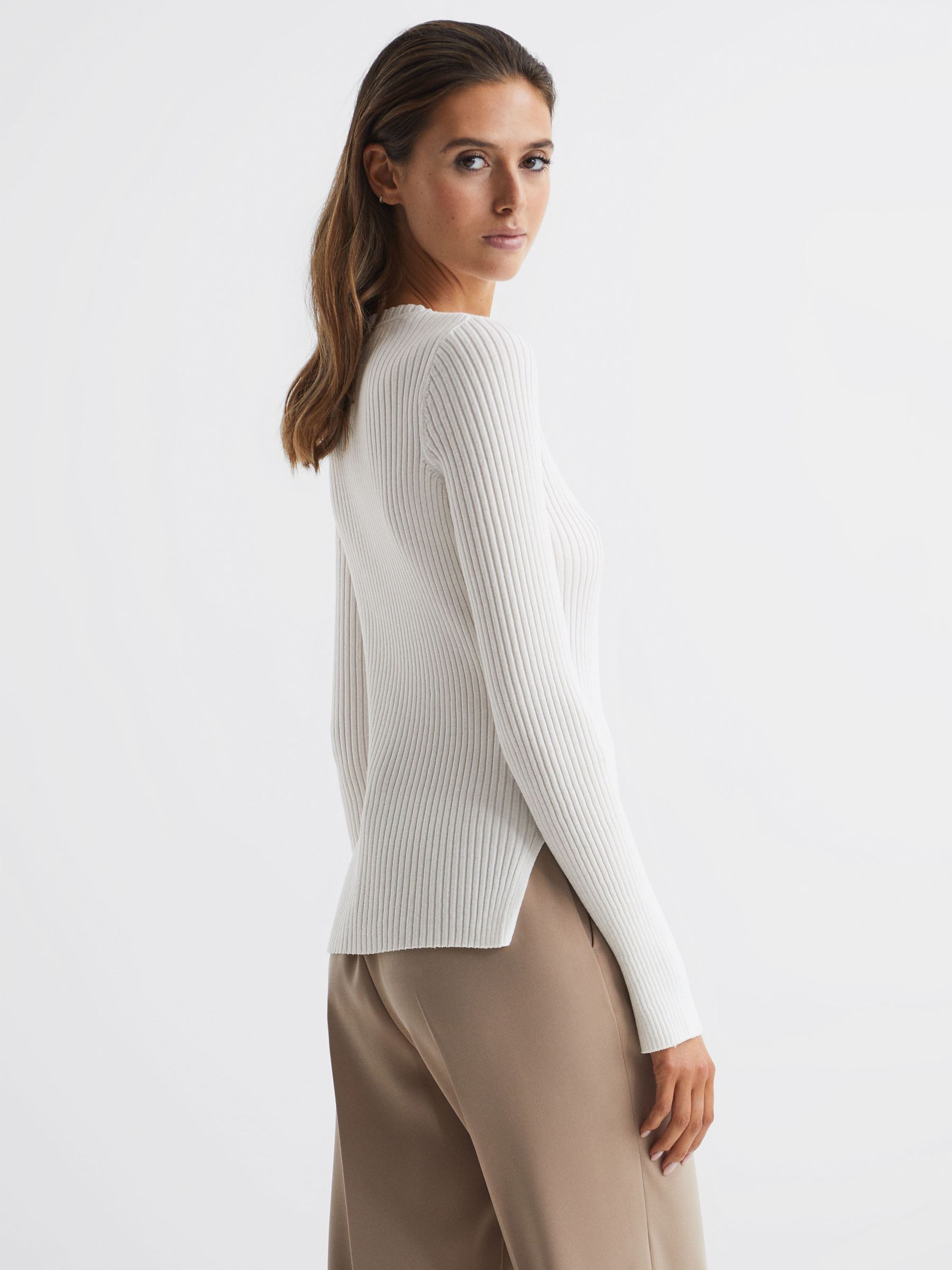 Slim Fit Ribbed Crew Neck Split Sleeve Jumper in Cream - Image 5 of 6