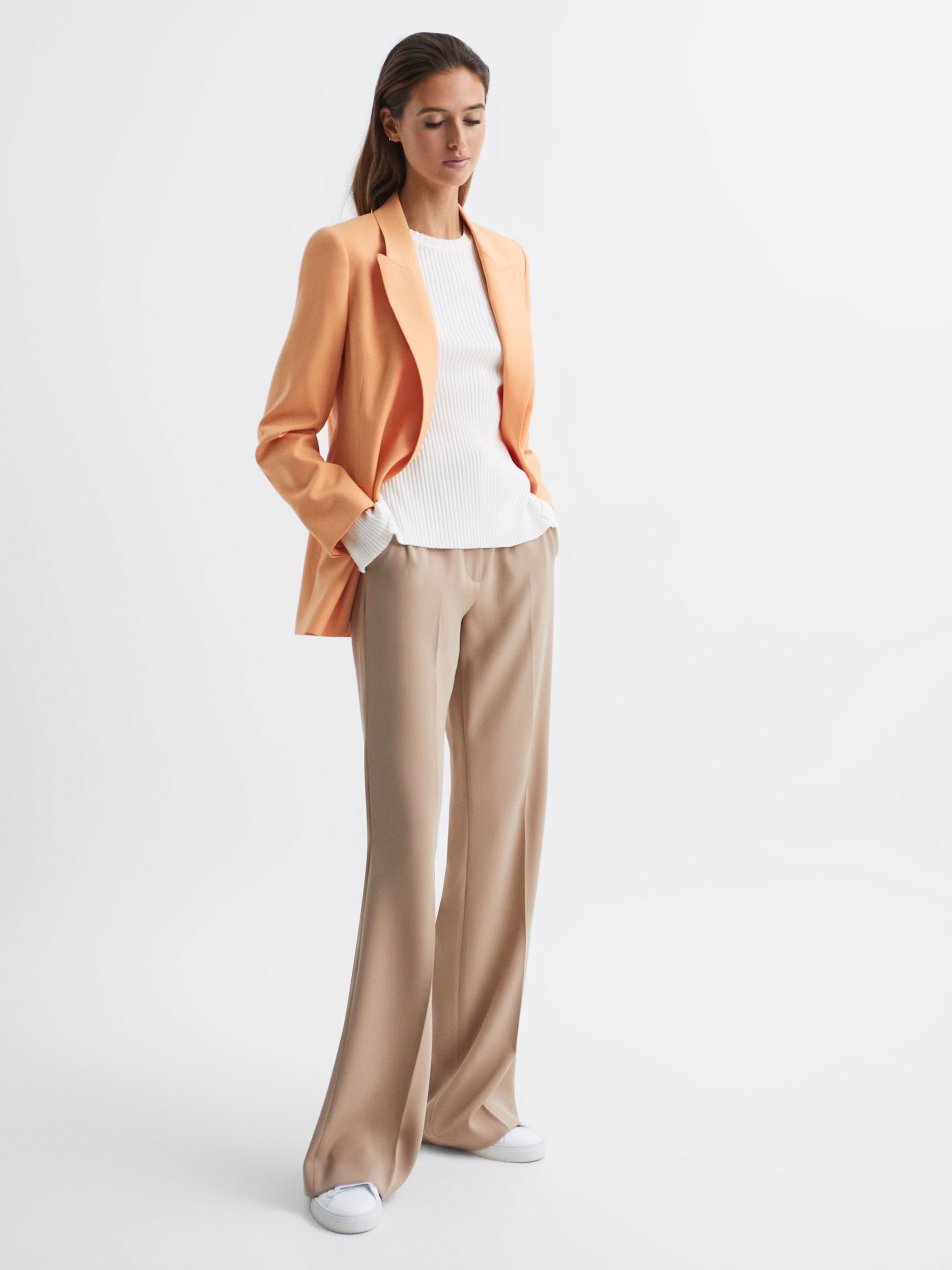 Slim Fit Ribbed Crew Neck Split Sleeve Jumper in Cream - Image 6 of 6