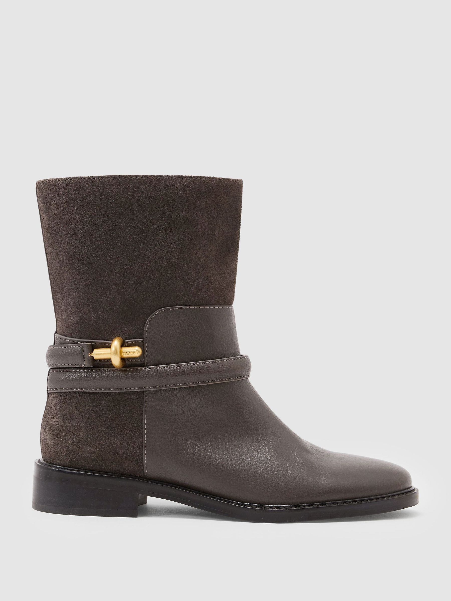 Bottines de motard en cuir avec fermoir à tourniquet, grises - Image 2 de 6