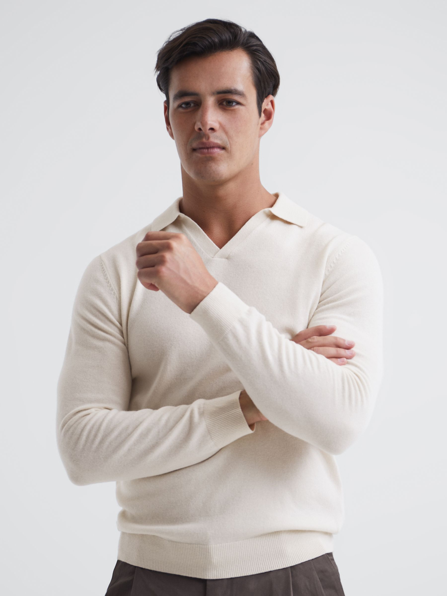 Wool Blend Open Collar Polo Shirt in Milk - Image 1 of 7