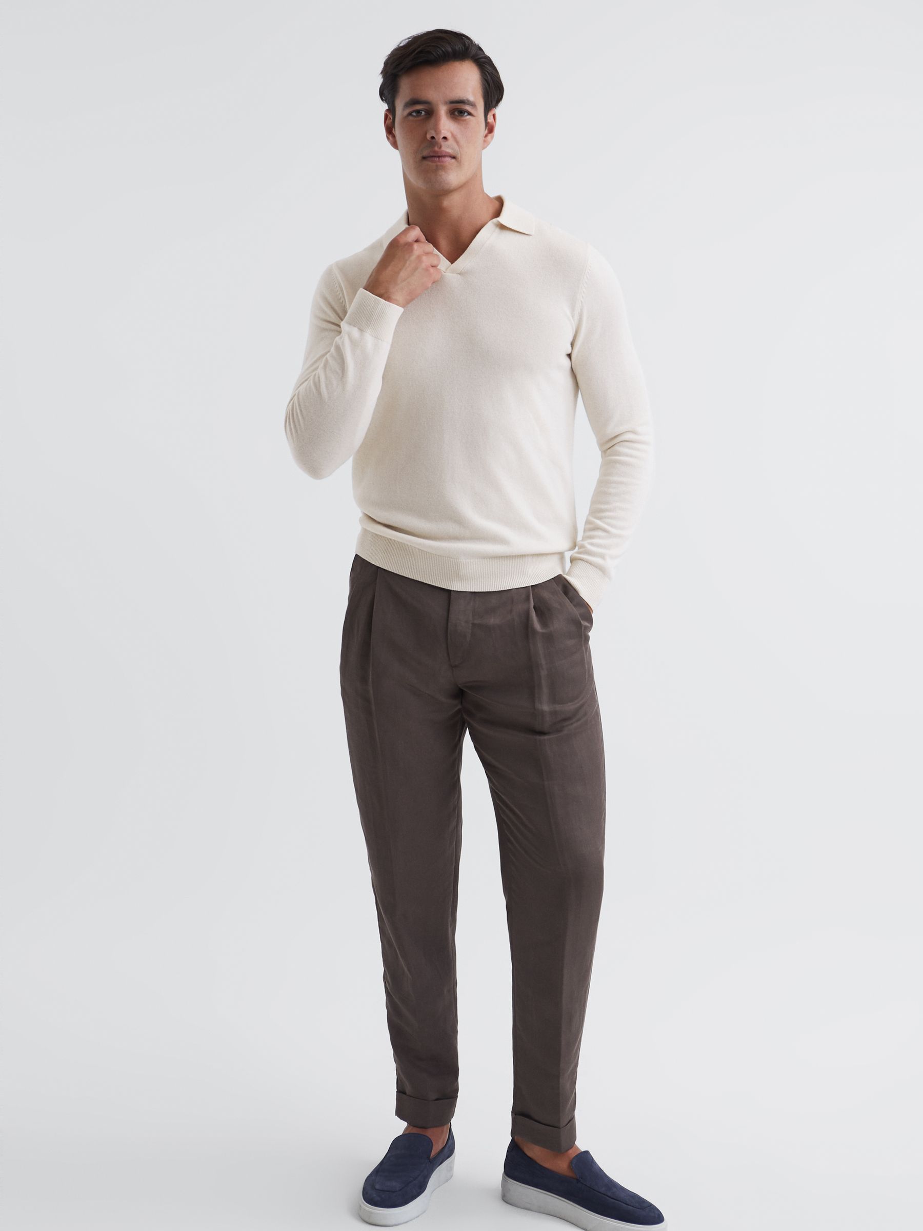 Wool Blend Open Collar Polo Shirt in Milk - Image 3 of 7