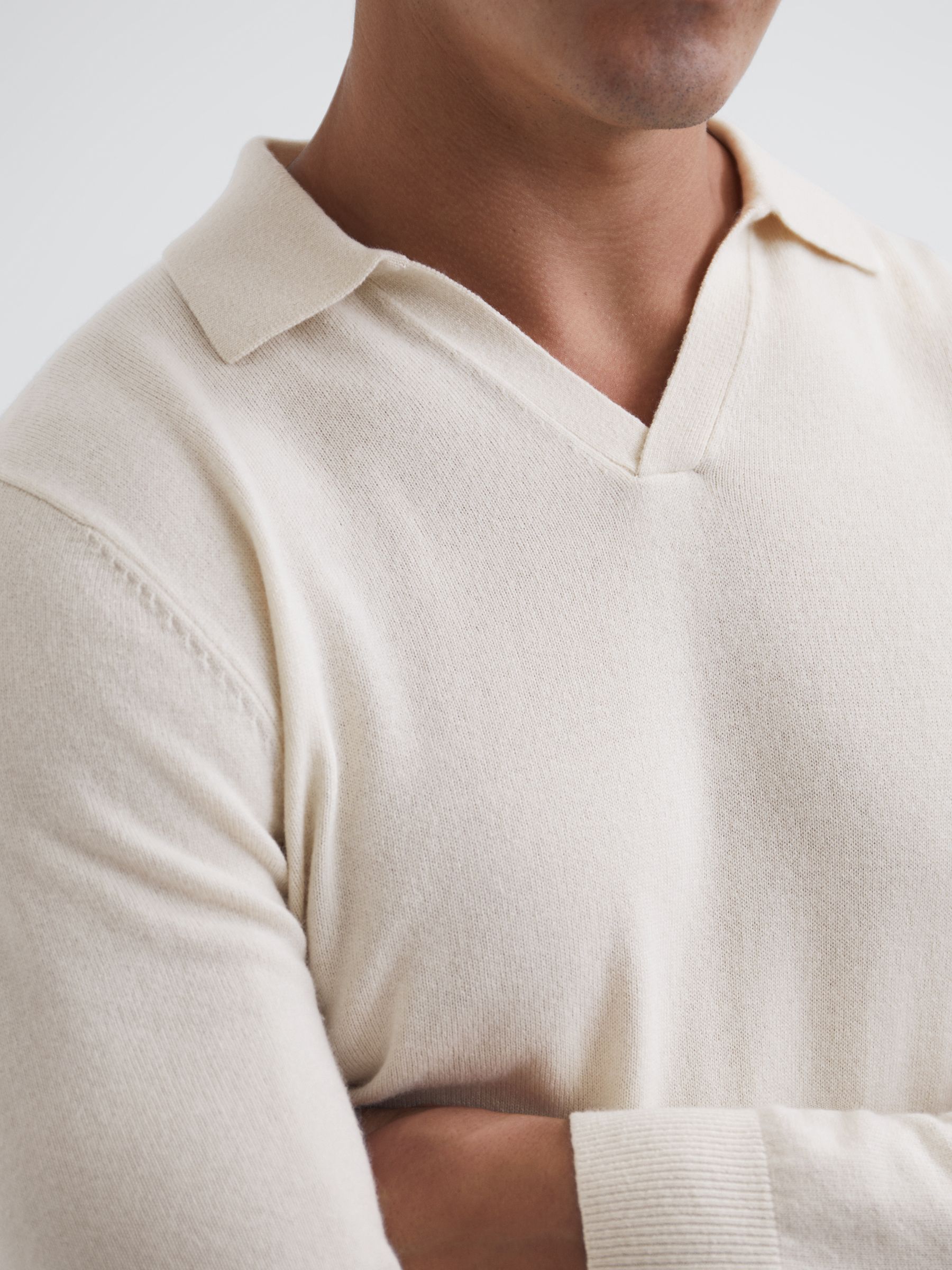 Wool Blend Open Collar Polo Shirt in Milk - Image 6 of 7