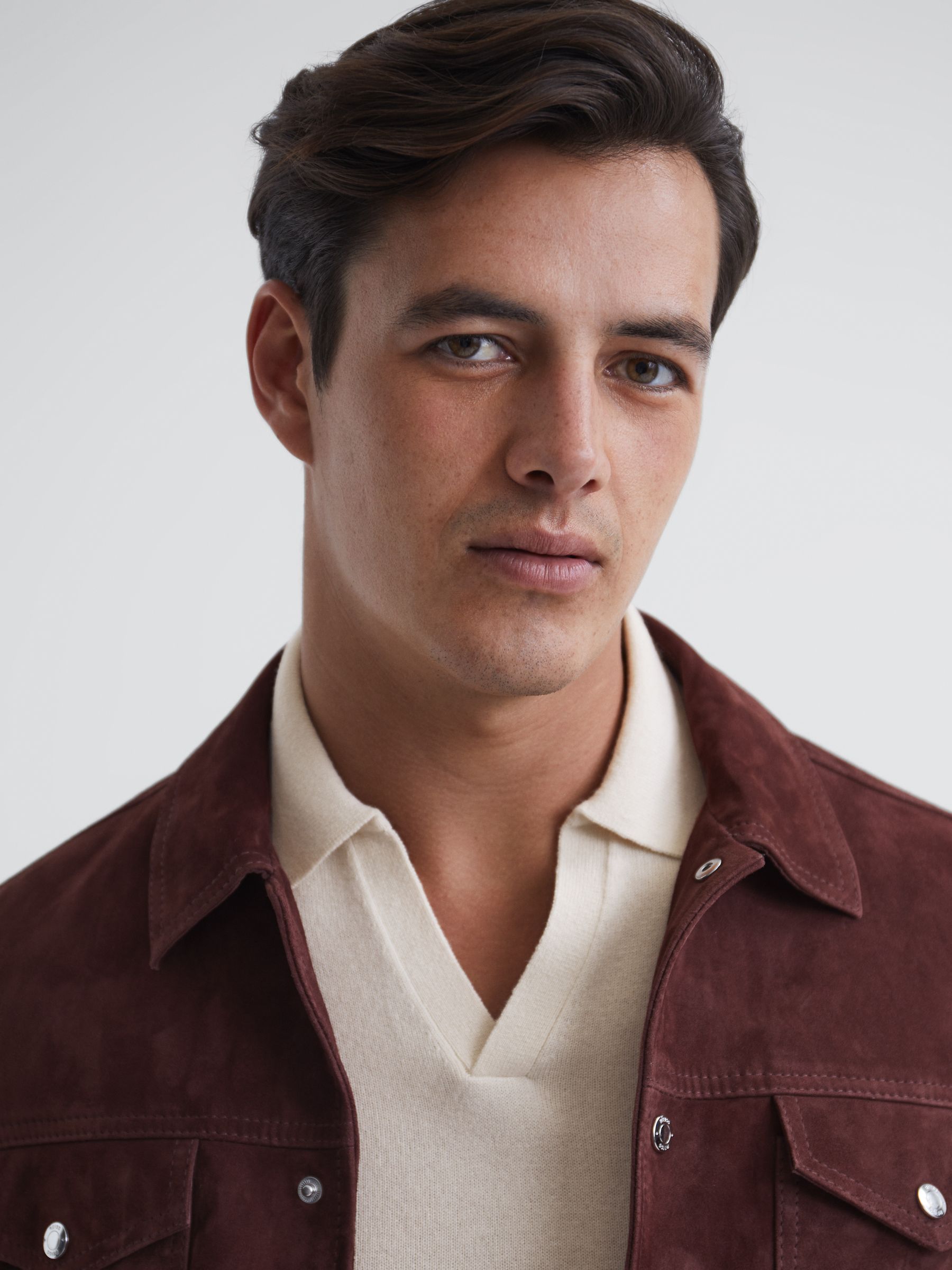 Wool Blend Open Collar Polo Shirt in Milk - Image 7 of 7