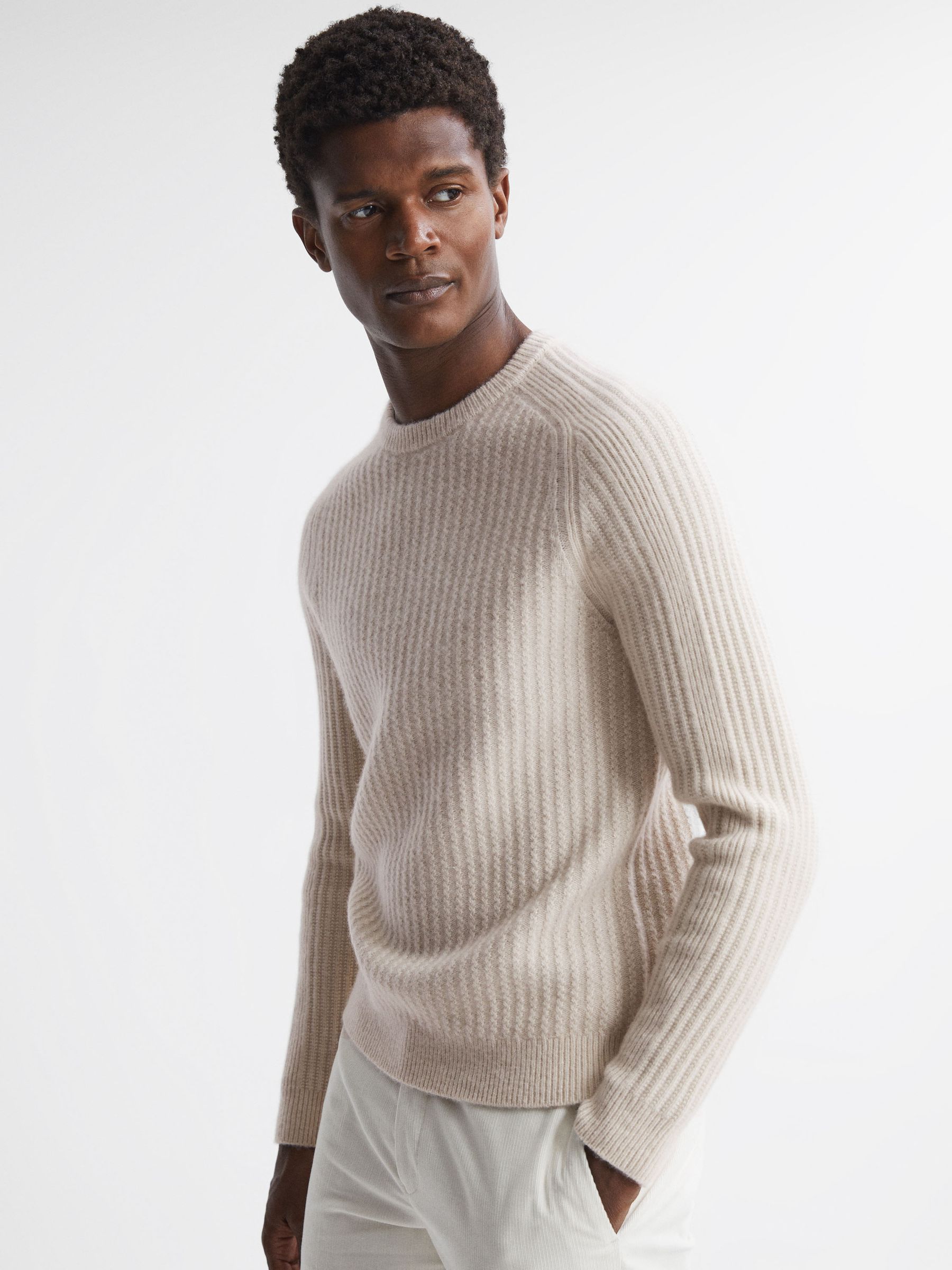 Wool-Cotton Textured Crew Neck Jumper in Stone - Image 1 of 6