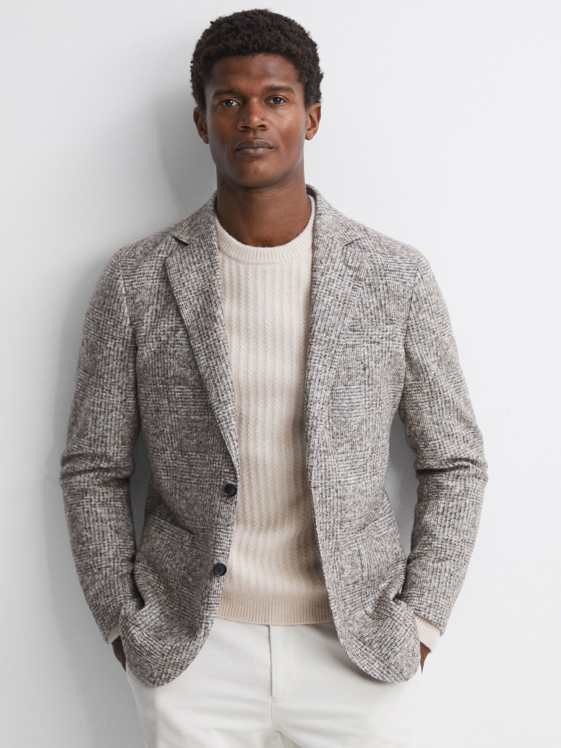 Wool-Cotton Textured Crew Neck Jumper in Stone - Image 4 of 6