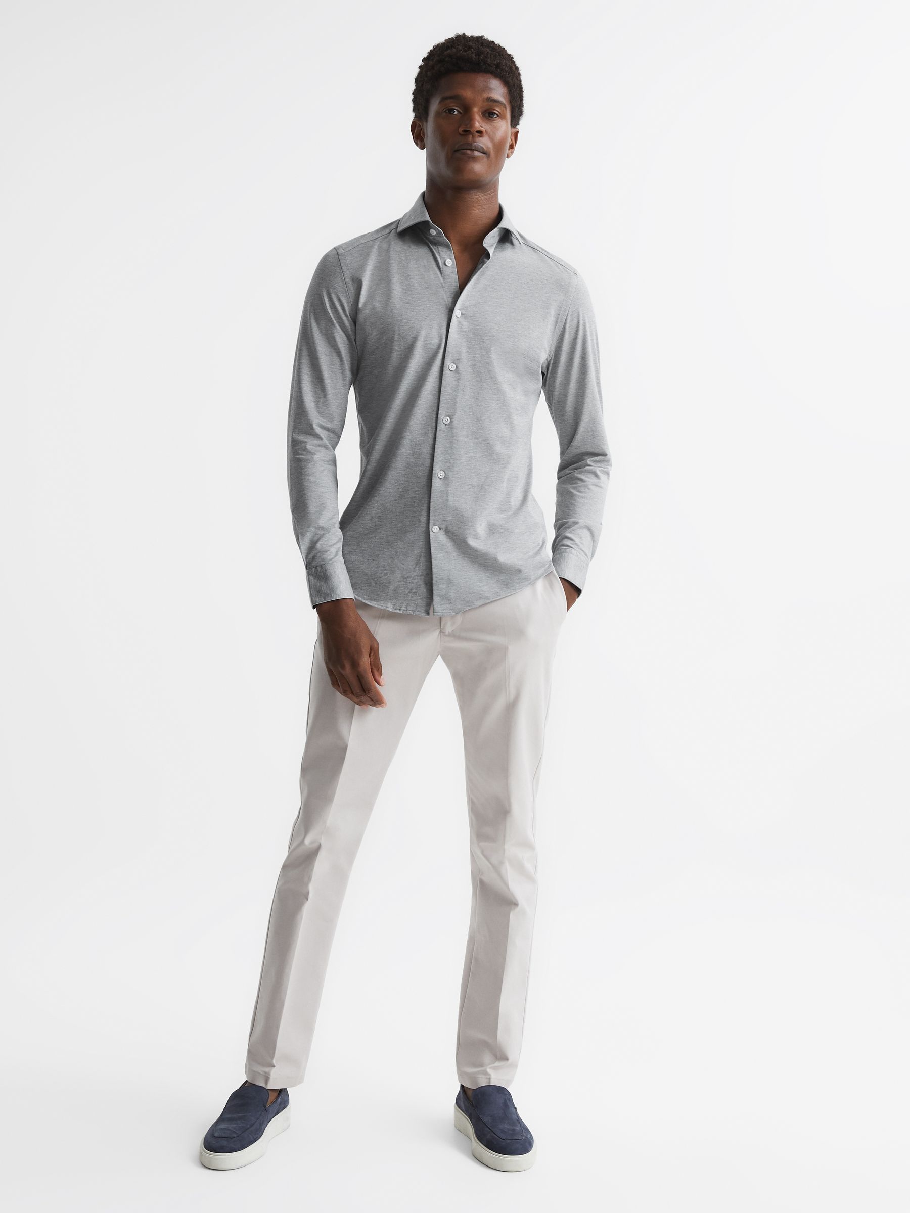 Cutaway Collar Jersey Slim Fit Shirt in Grey Melange - image 3