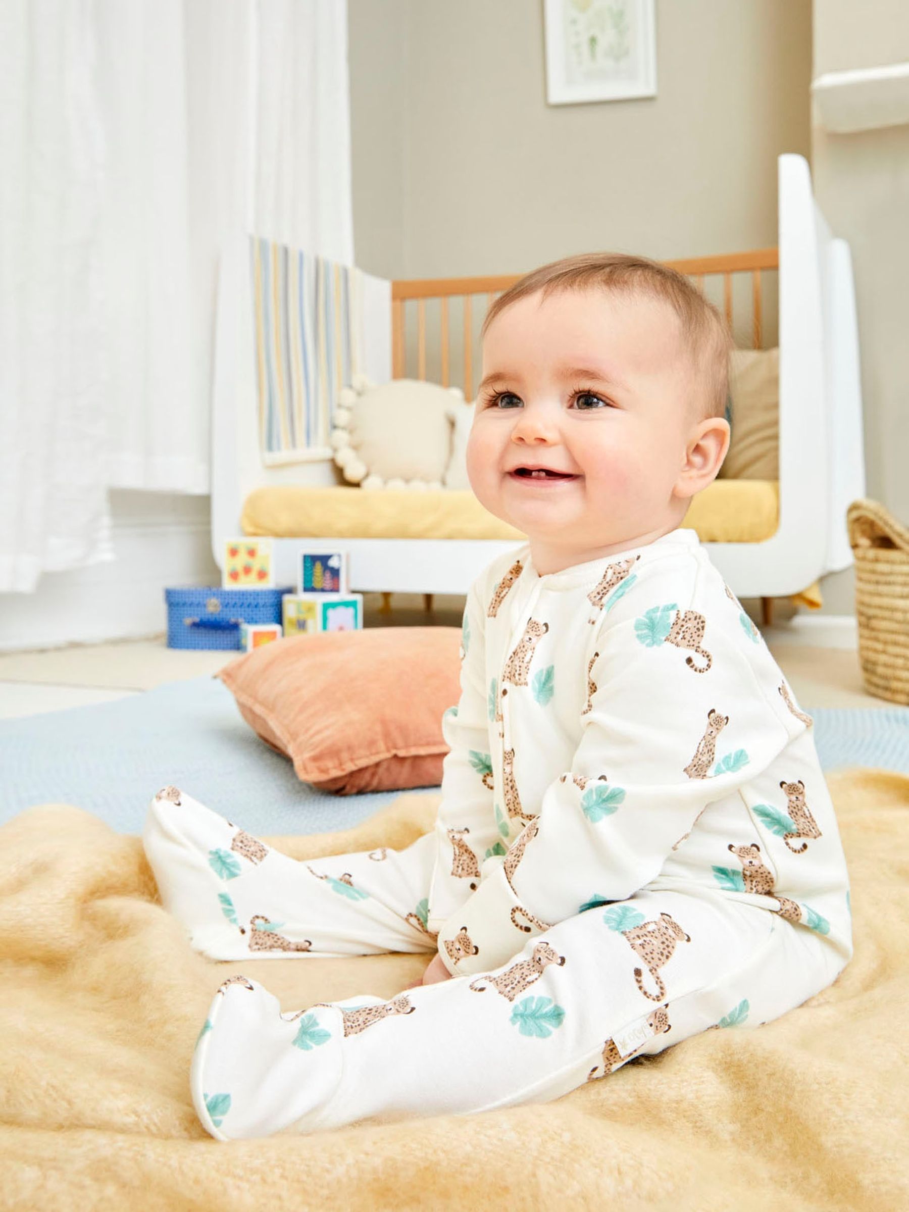 Ecru Leopard Print Zip Cotton Baby Sleepsuit - Image 1 of 5
