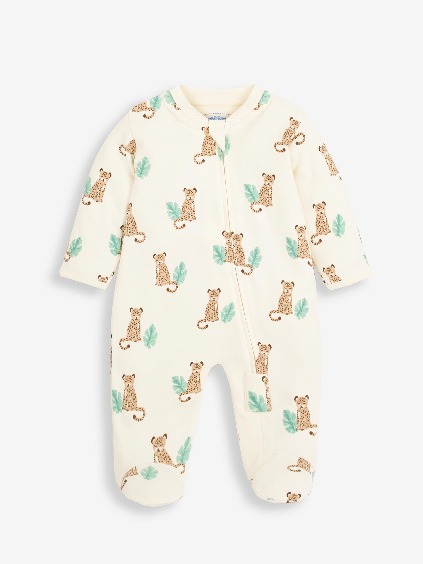 Ecru Leopard Print Zip Cotton Baby Sleepsuit - Image 4 of 5