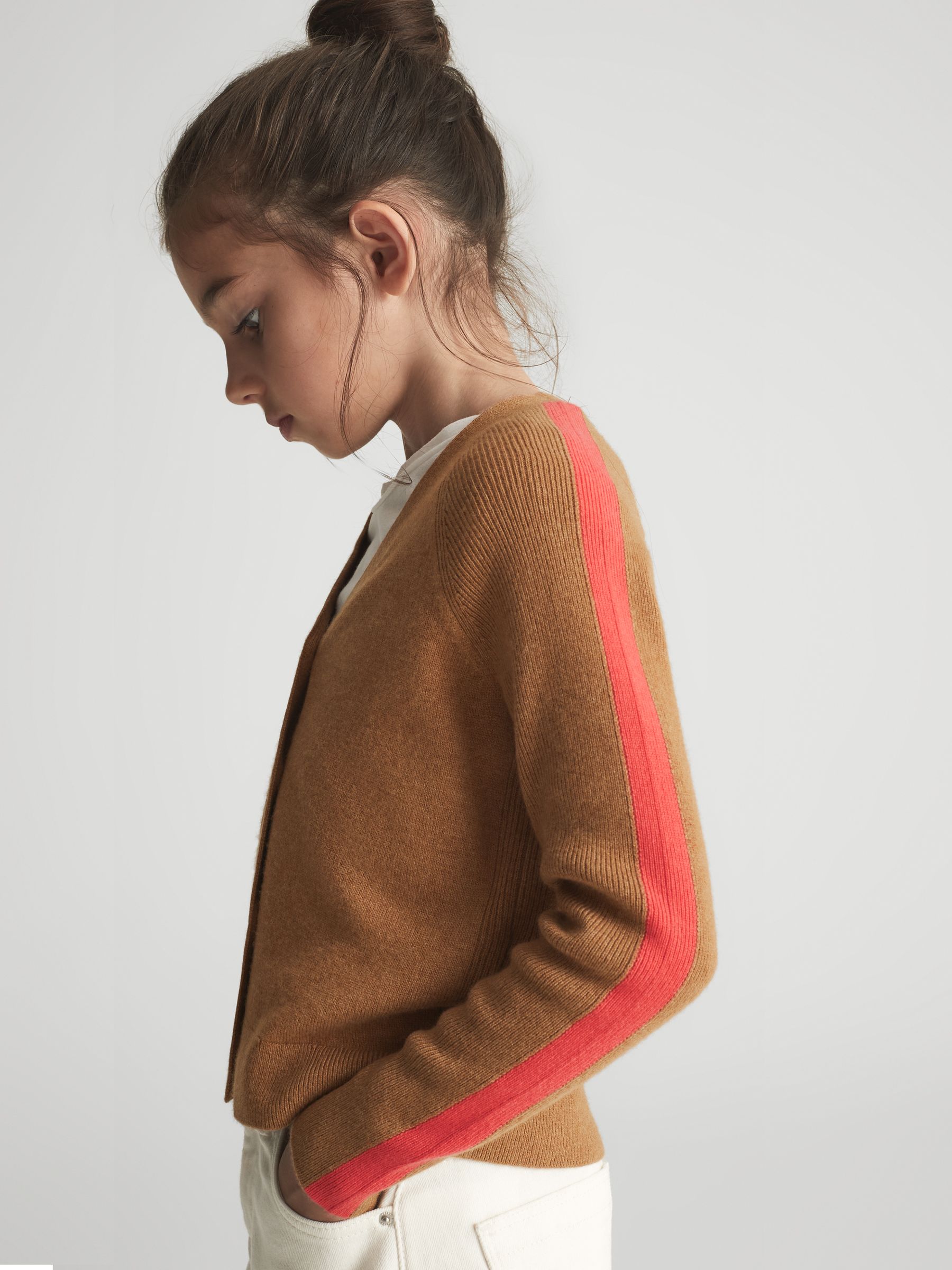 Junior Colourblock Cardigan in Tan - Image 1 of 8 Junior Colourblock Cardigan in Tan - Image 1 of 8