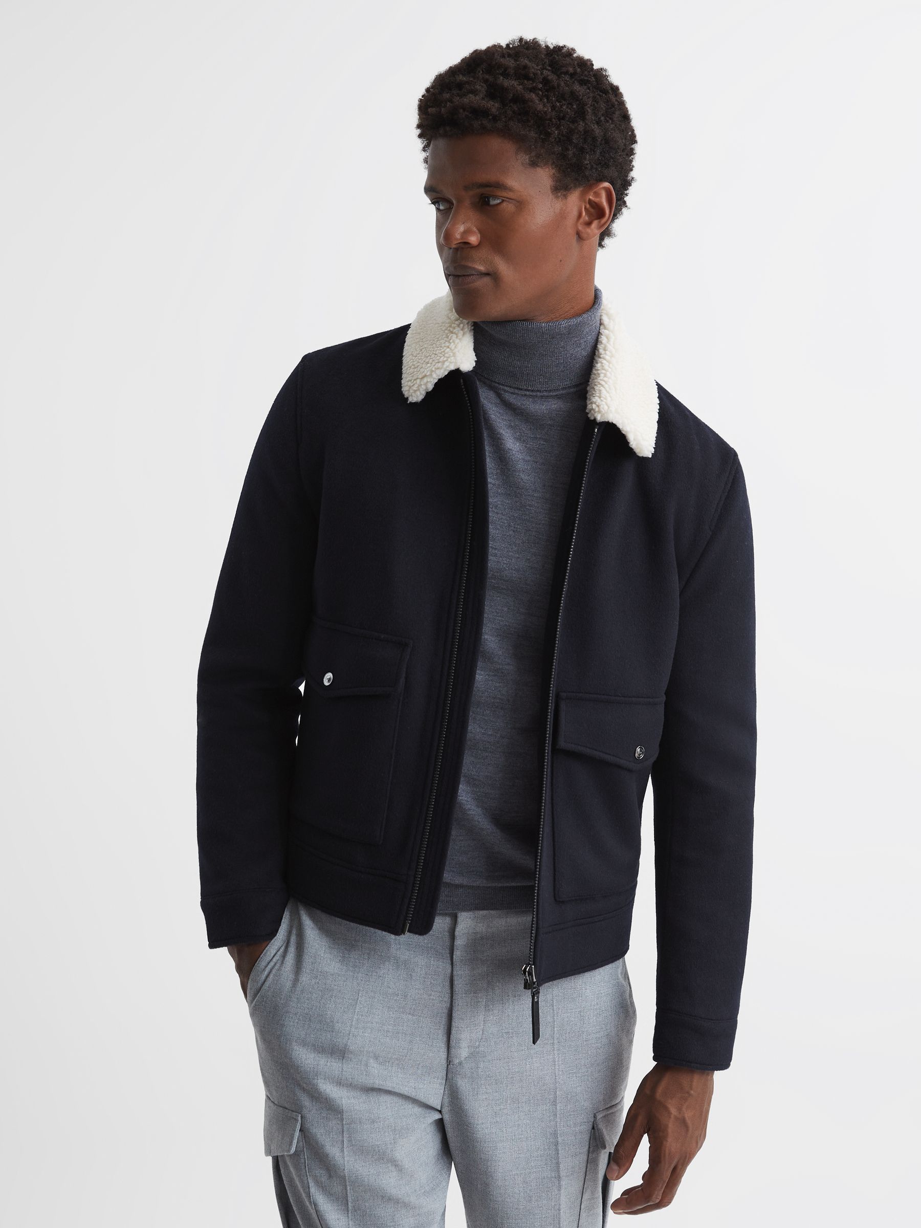 Shearling Collar Wool Short Jacket in Navy - Image 1 of 6