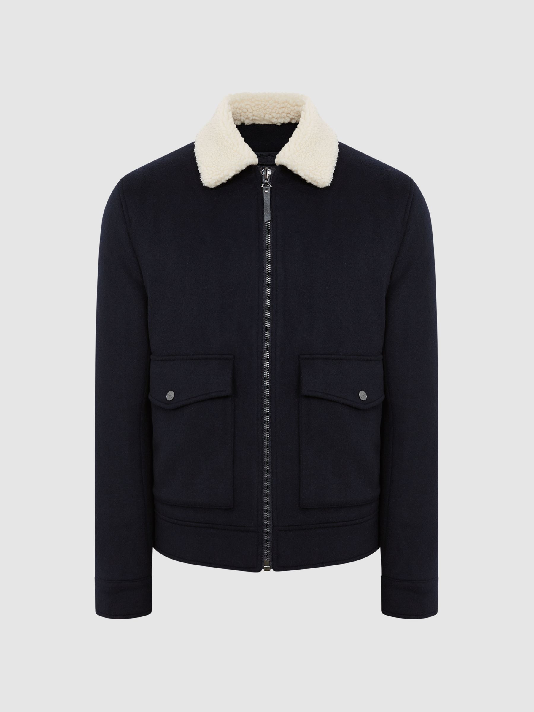 Shearling Collar Wool Short Jacket in Navy - Image 2 of 6