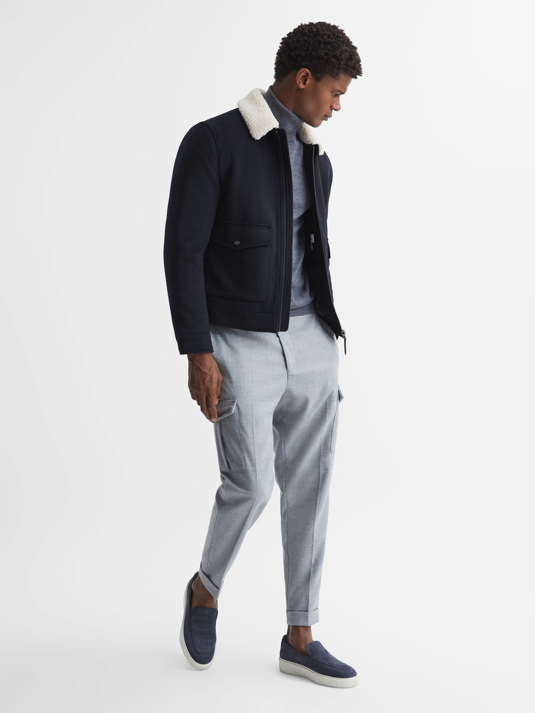 Shearling Collar Wool Short Jacket in Navy - Image 3 of 6