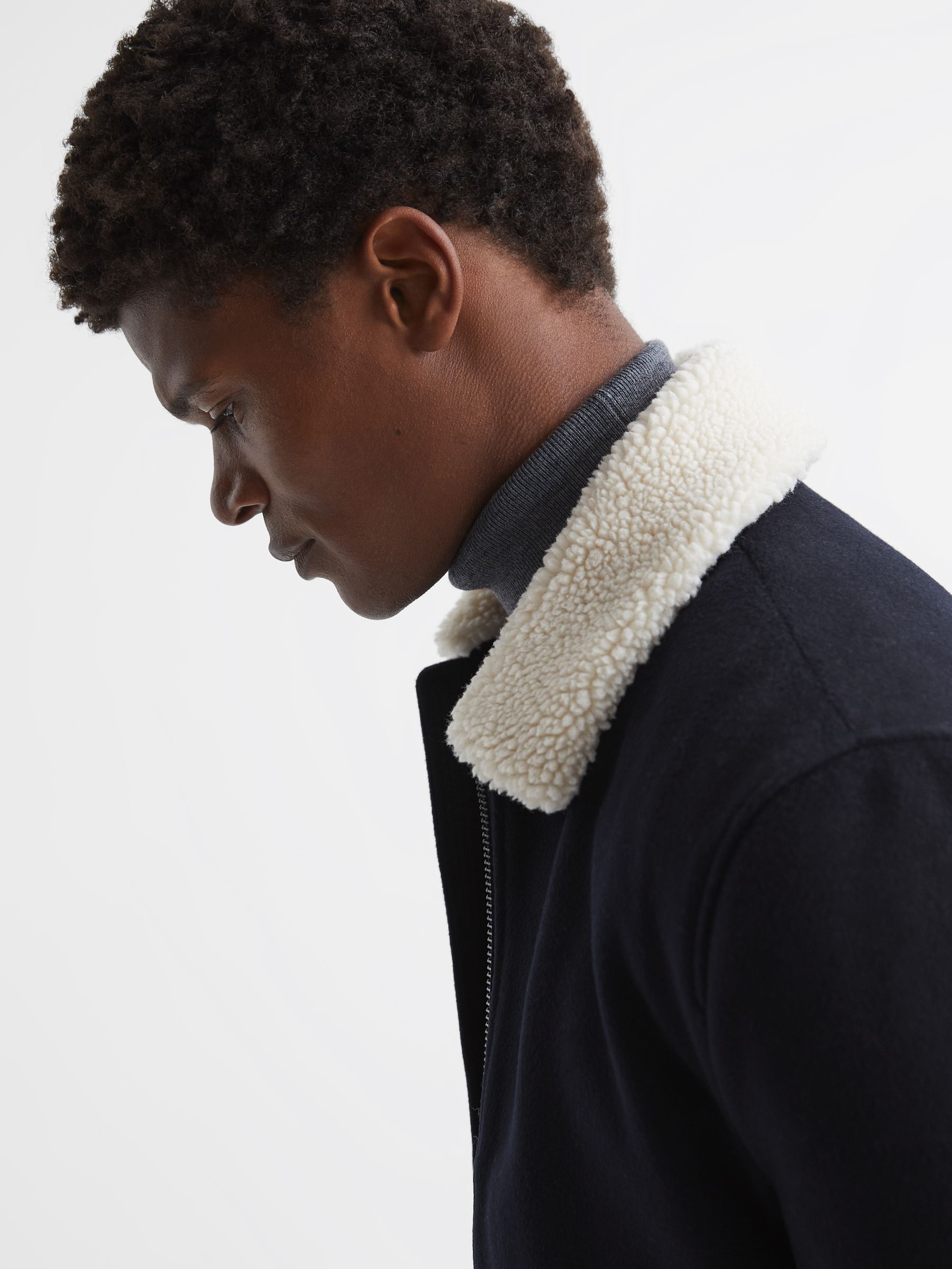 Shearling Collar Wool Short Jacket in Navy - Image 4 of 6