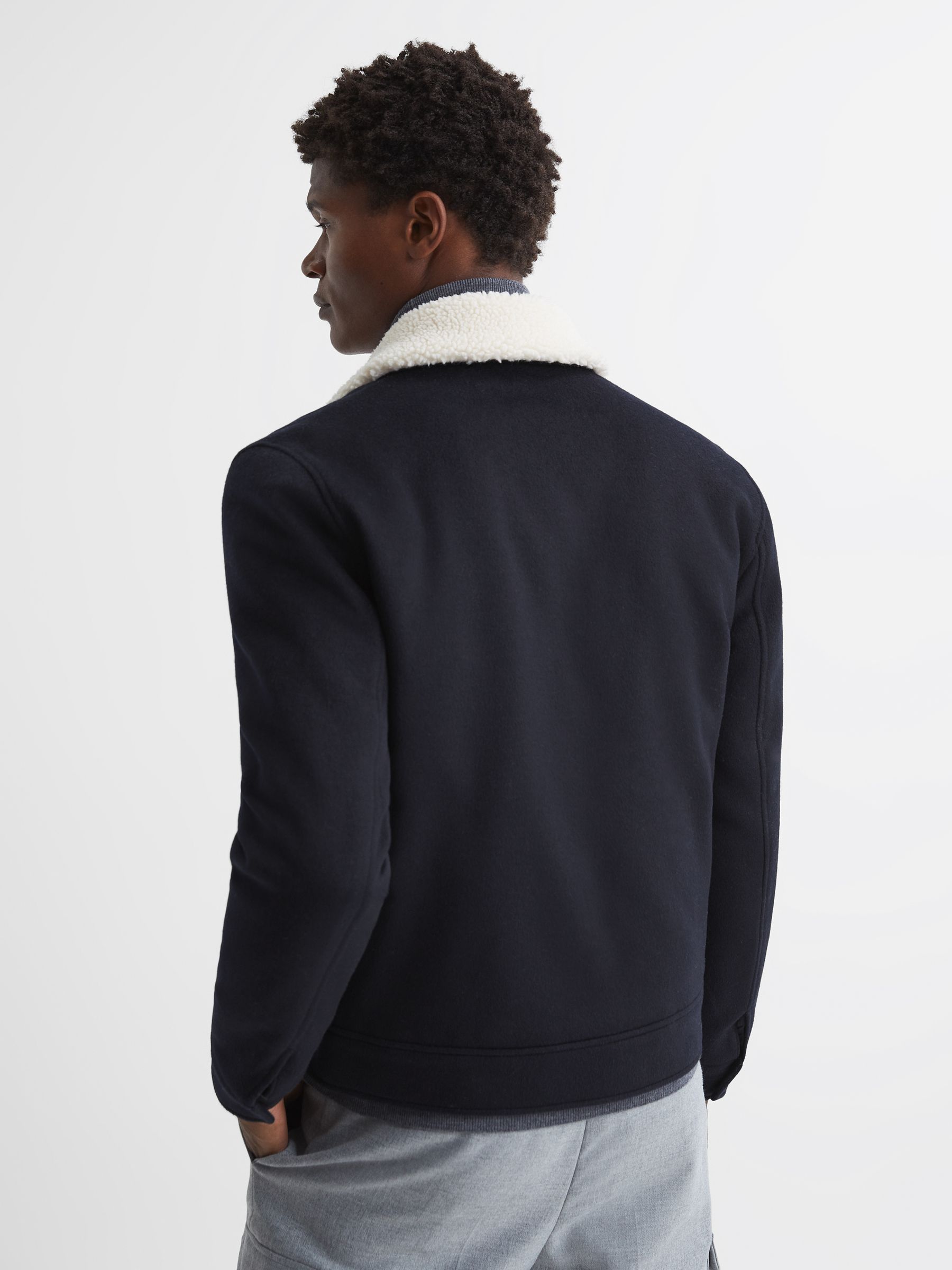 Shearling Collar Wool Short Jacket in Navy - Image 5 of 6
