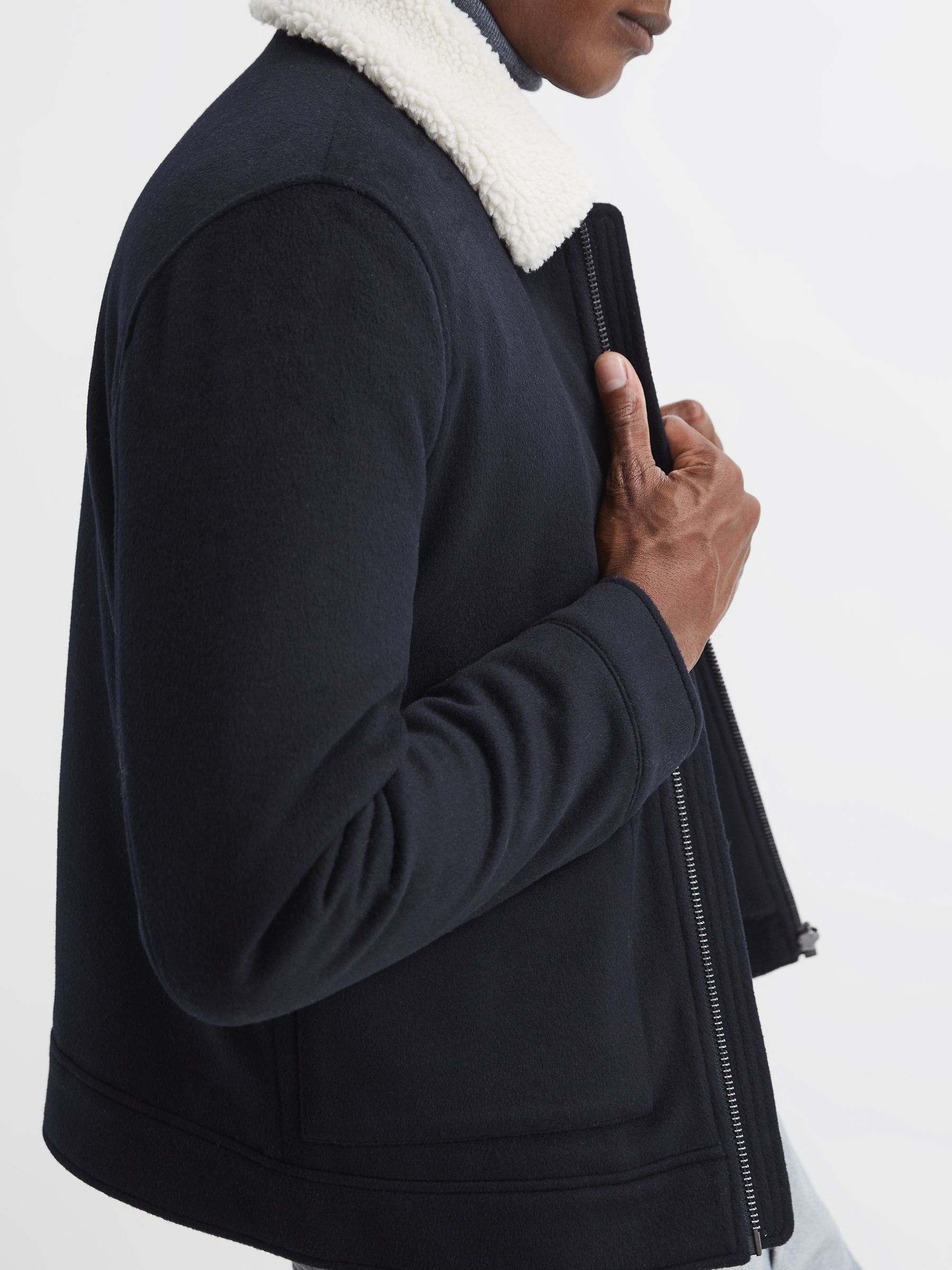 Shearling Collar Wool Short Jacket in Navy - Image 6 of 6