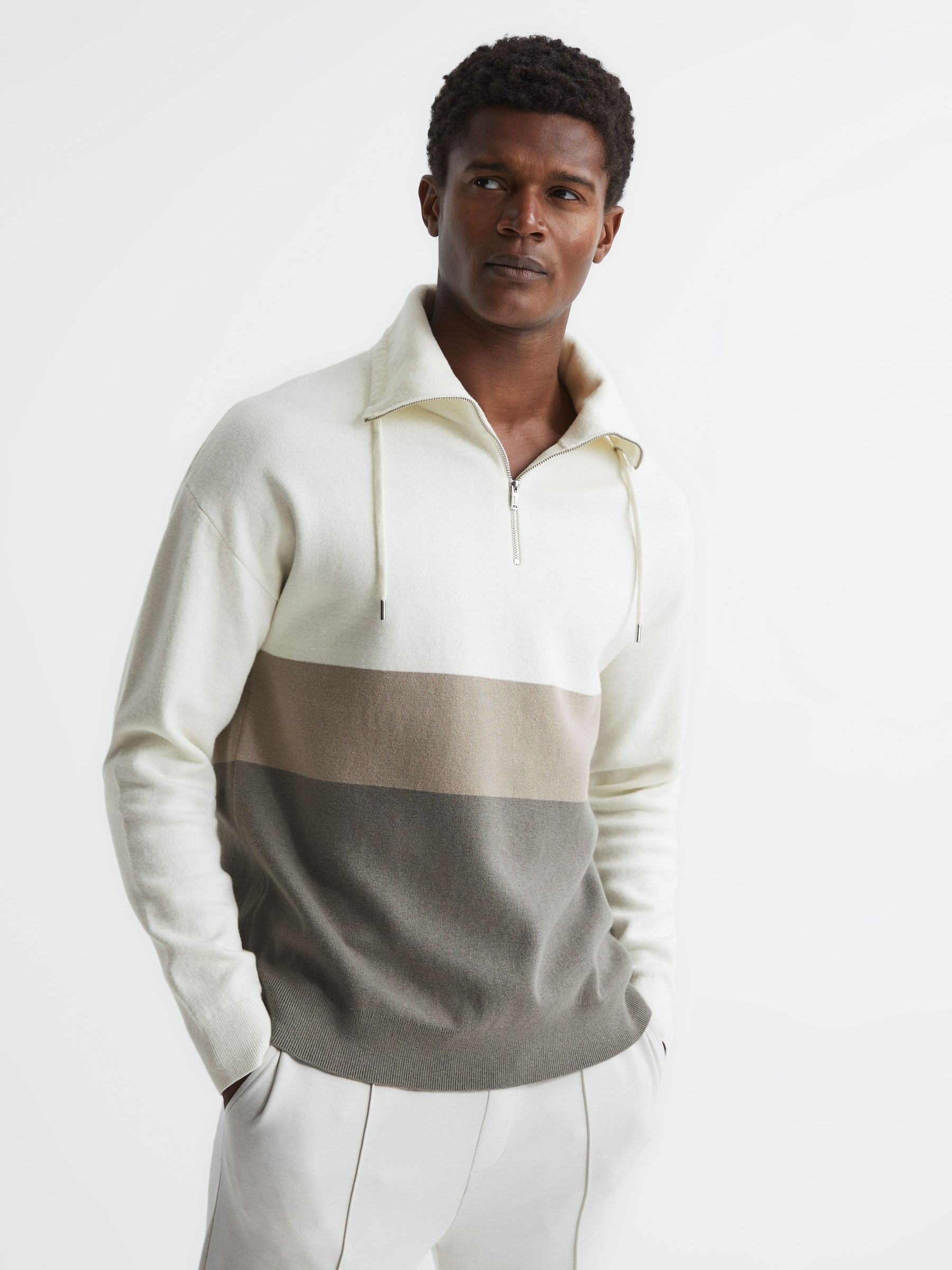 Half Zip Funnel Neck Colourblock Jumper in Ecru - Image 1 of 5