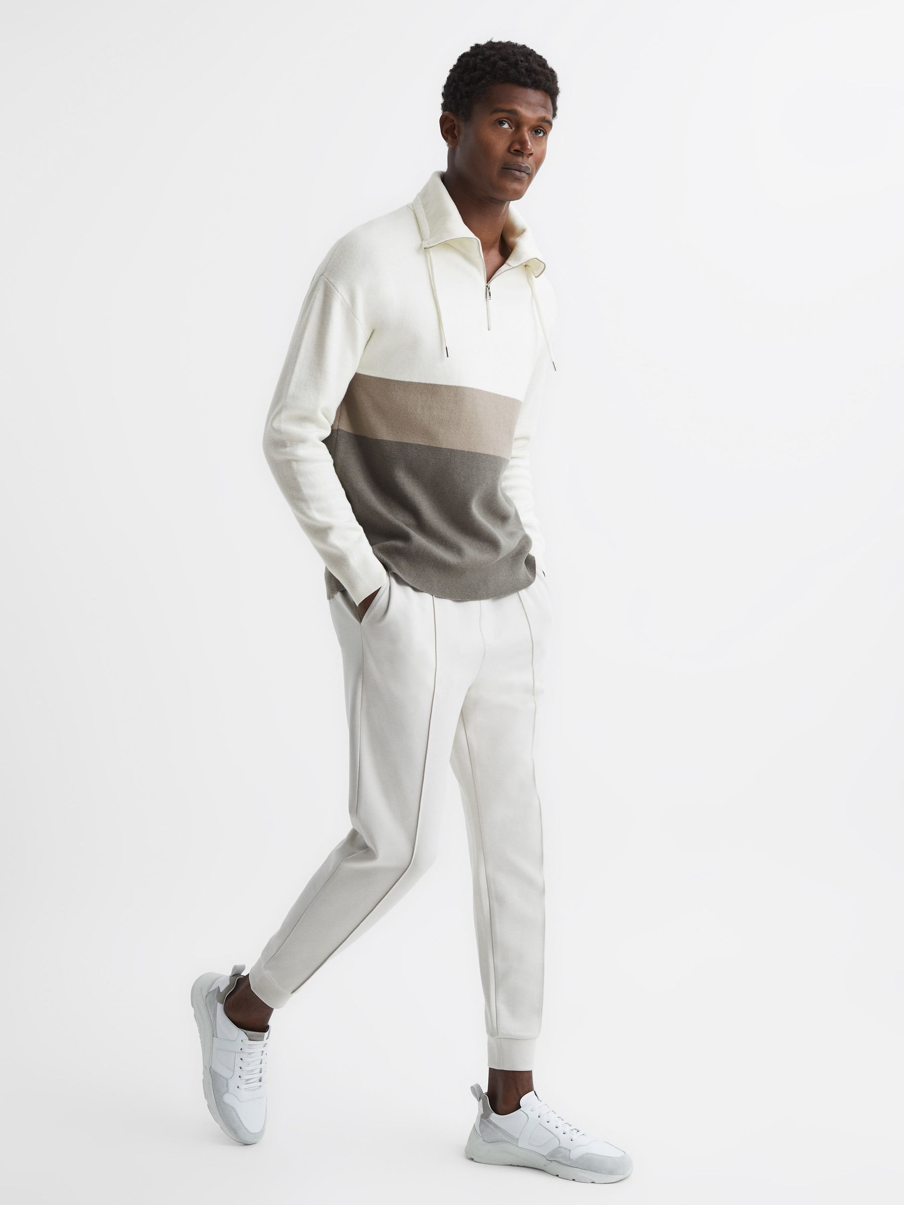 Half Zip Funnel Neck Colourblock Jumper in Ecru - Image 3 of 5