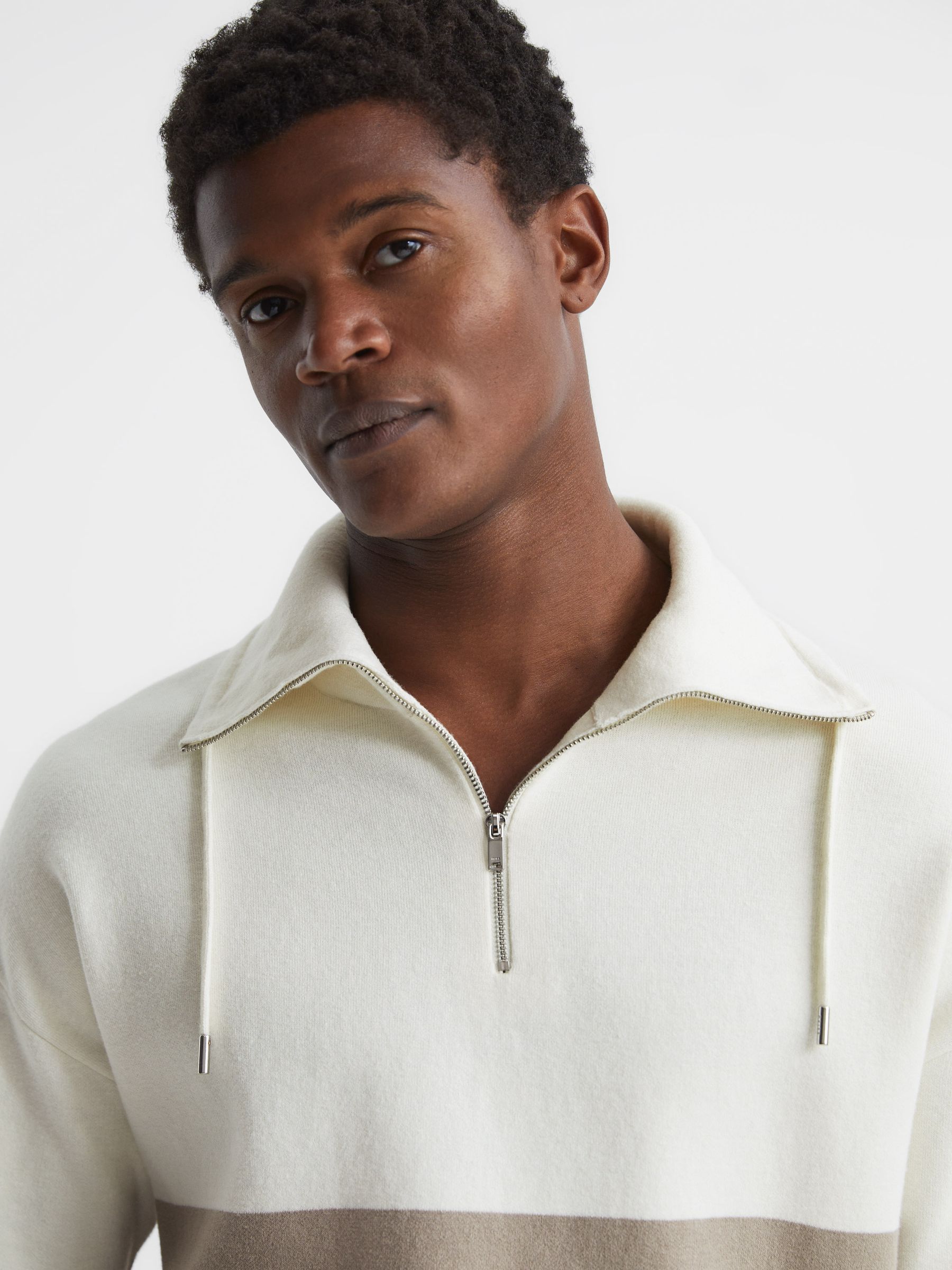 Half Zip Funnel Neck Colourblock Jumper in Ecru - Image 4 of 5