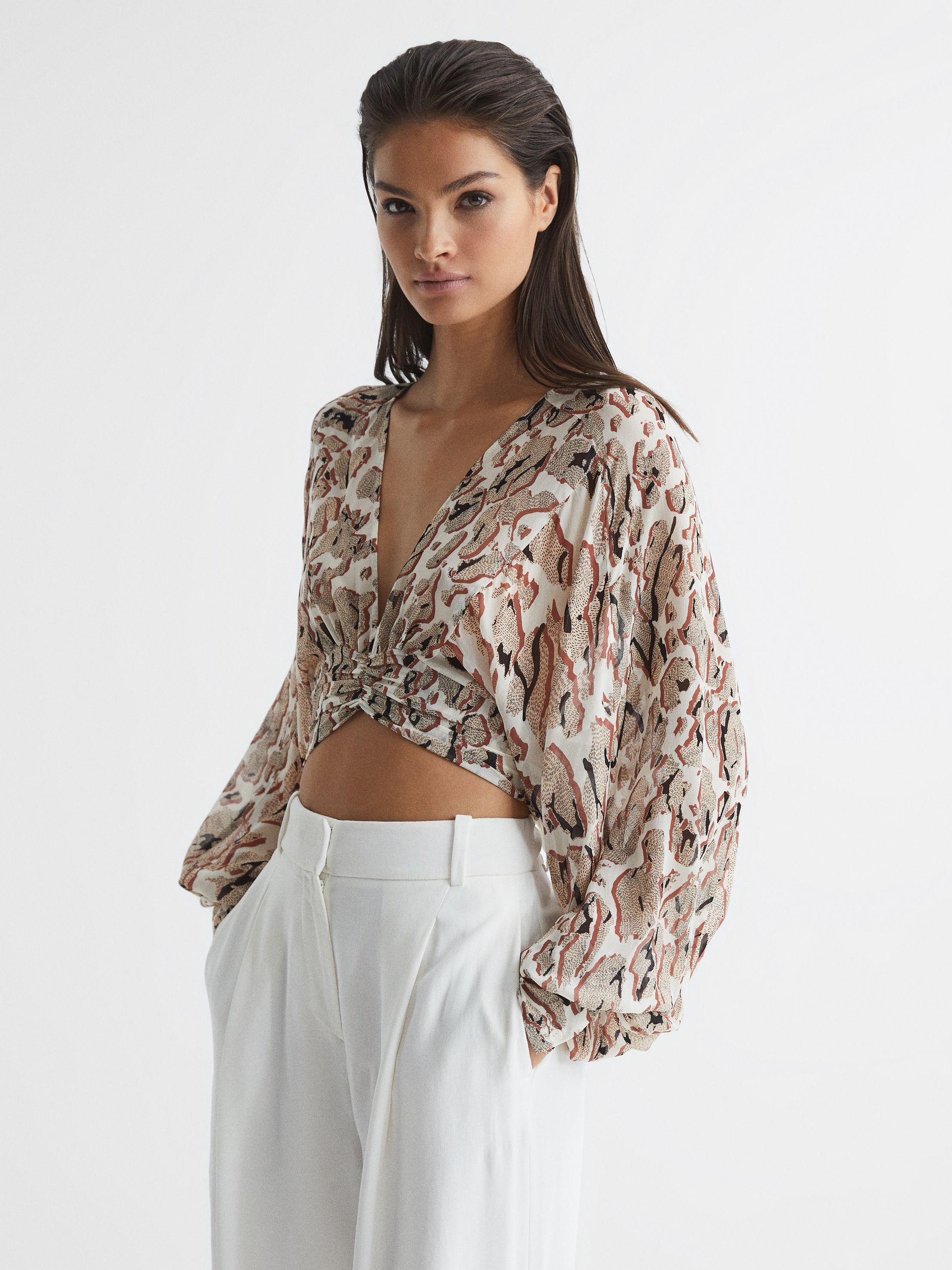 Printed Crepe Crop Top in Mink - Image 1 of 6 Printed Crepe Crop Top in Mink - Image 1 of 6