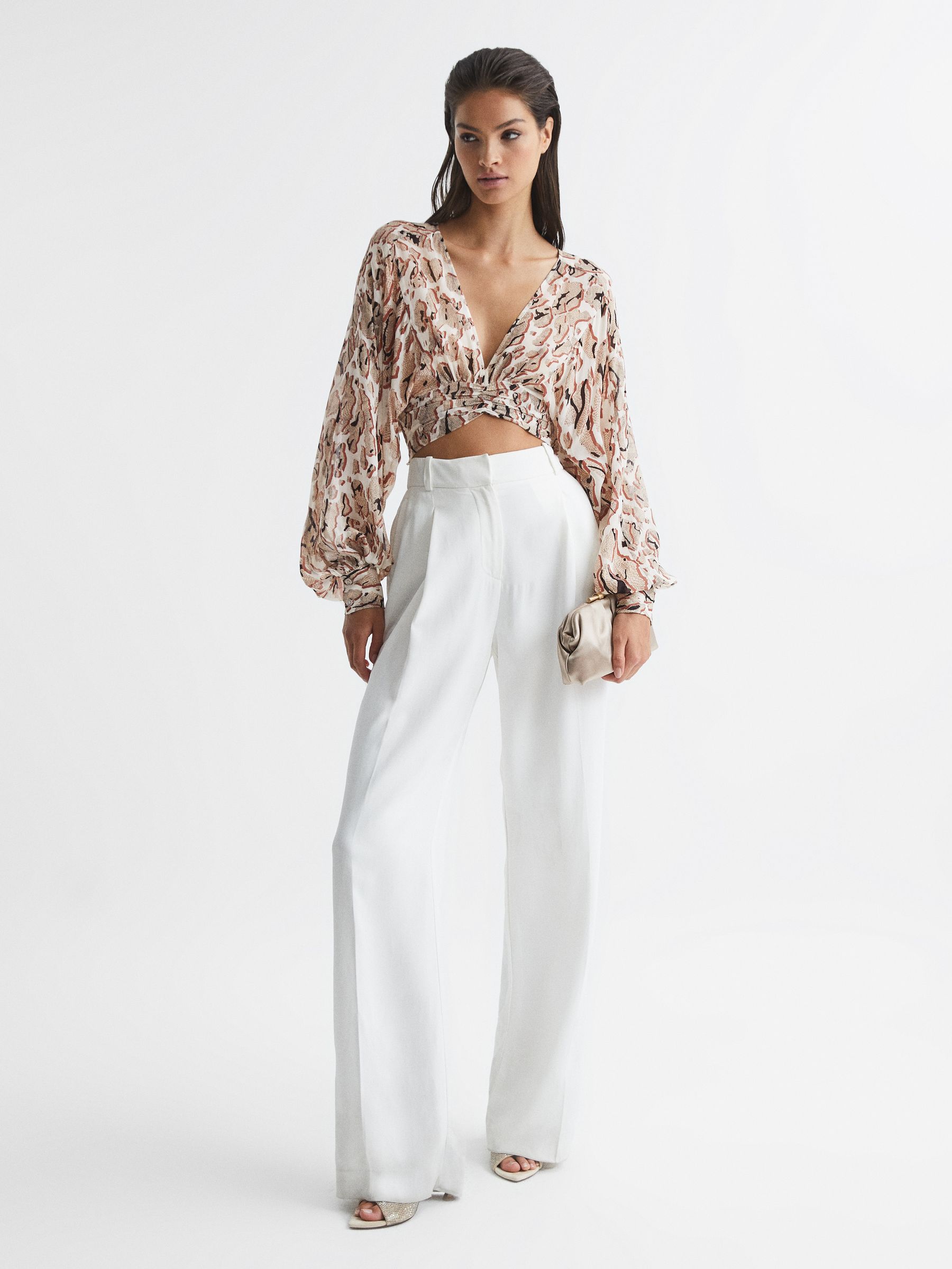 Printed Crepe Crop Top in Mink - Image 3 of 6