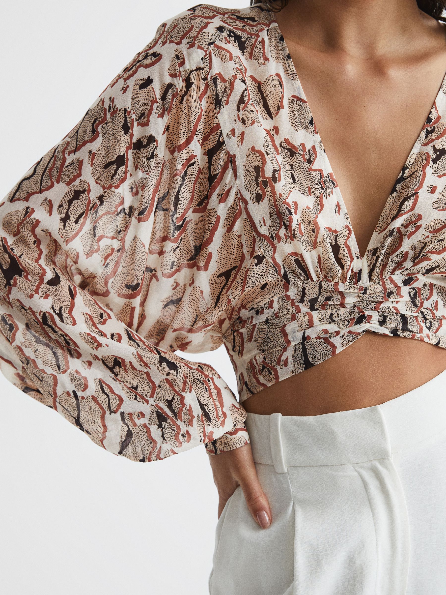 Printed Crepe Crop Top in Mink - Image 4 of 6