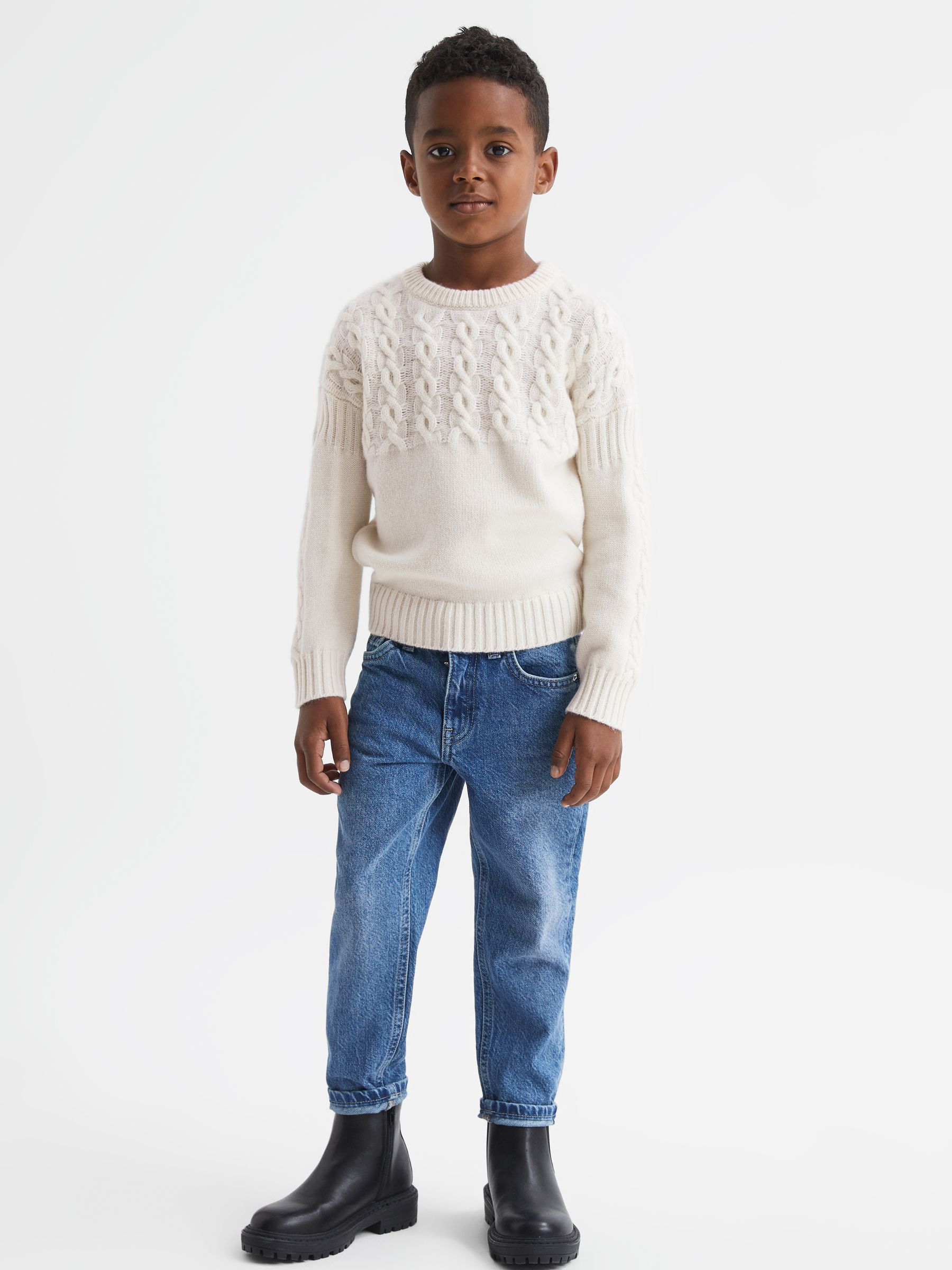 4-9 yrs Cashmere Crew Neck Cable Knit Jumper in Ecru - Image 1 of 7 4-9 yrs Cashmere Crew Neck Cable Knit Jumper in Ecru - Image 1 of 7