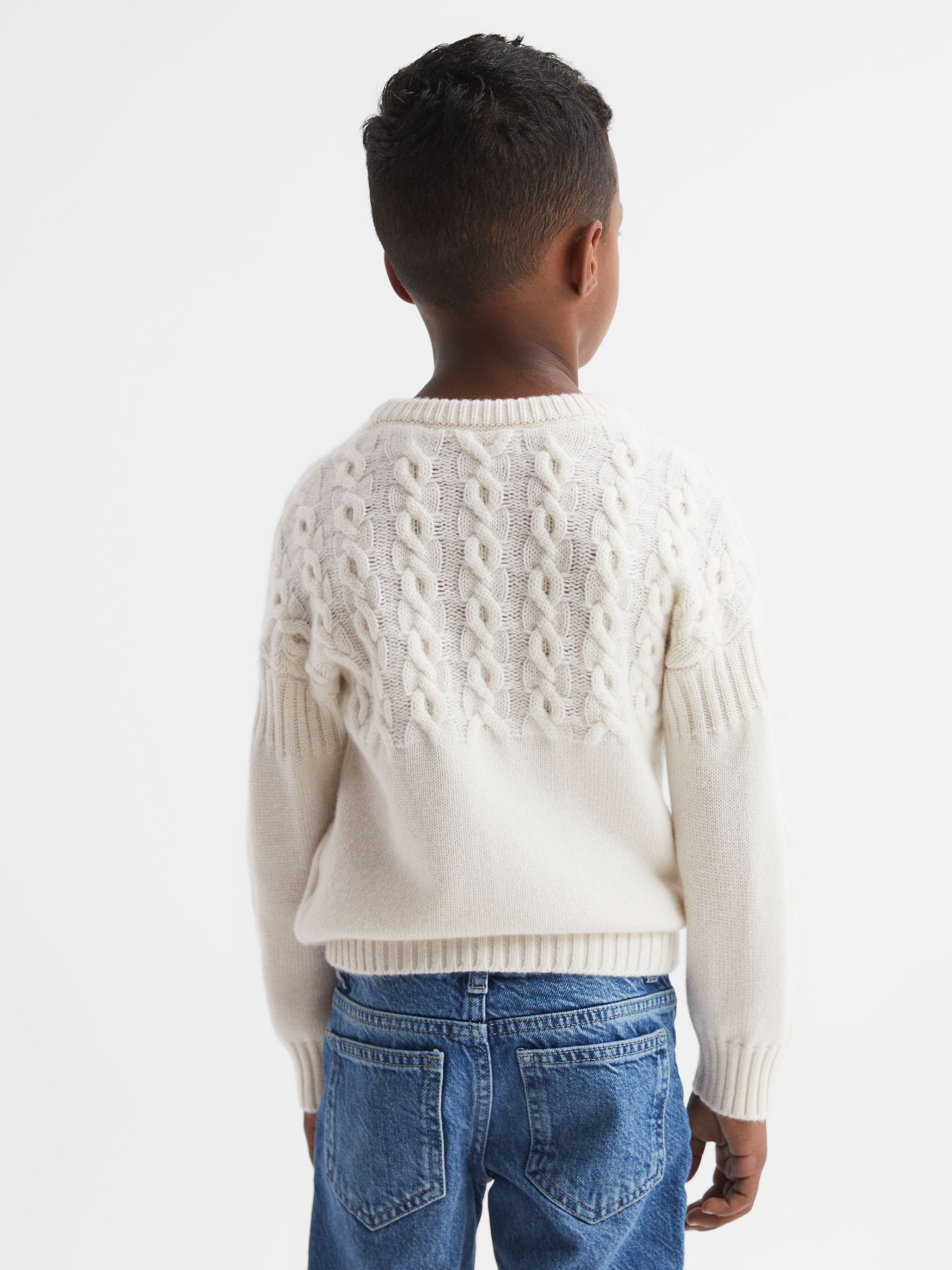 4-9 yrs Cashmere Crew Neck Cable Knit Jumper in Ecru - Image 5 of 7