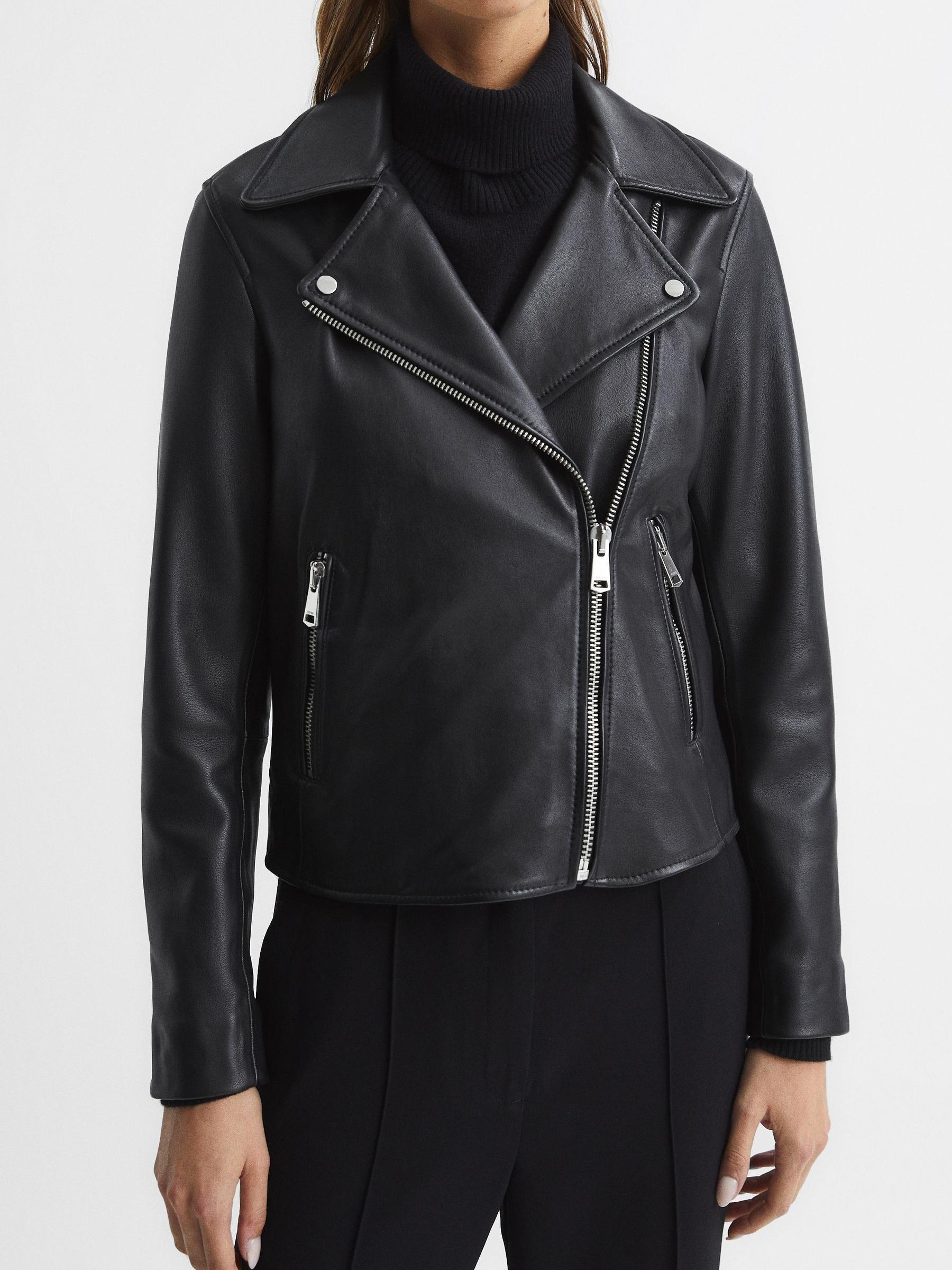 【海外限定】REISSレザースカート☆Zip-front high-rise leather Buy Reiss Black/Red Rae Leather Collarless Zip-Through