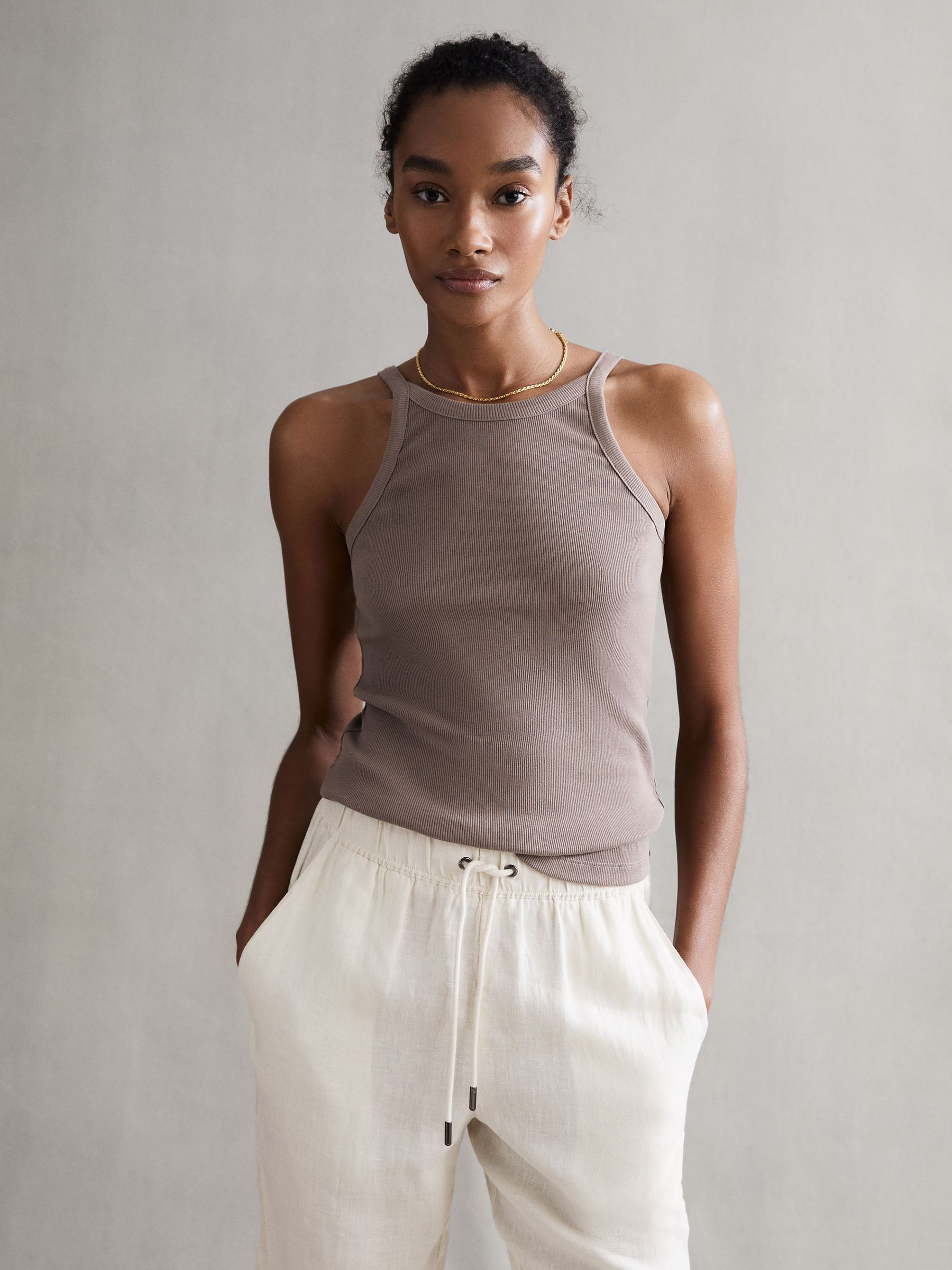 Crew Neck Ribbed Cami Vest Top in Dark Grey - Image 1 of 7