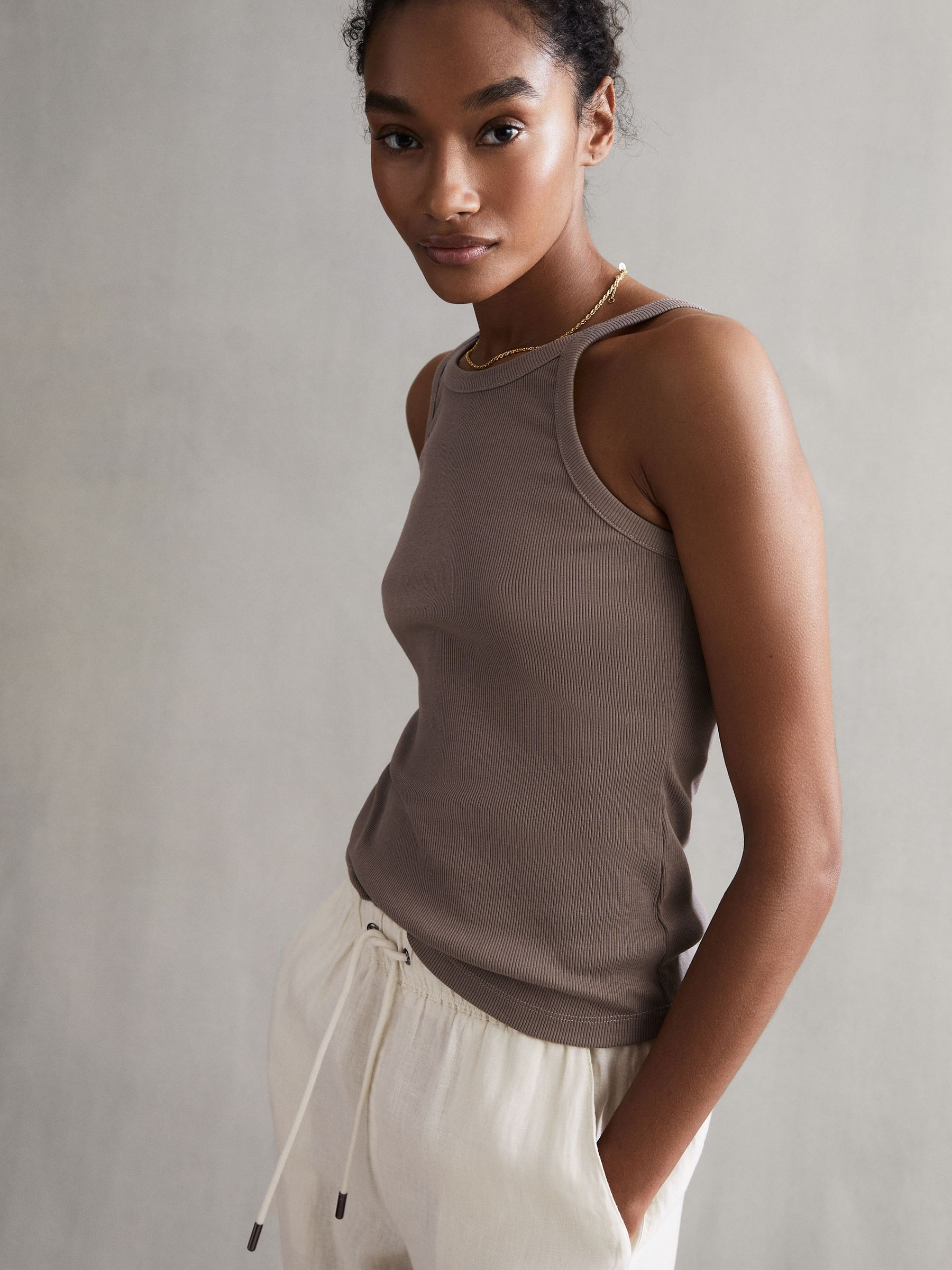 Crew Neck Ribbed Cami Vest Top in Dark Grey - Image 5 of 7