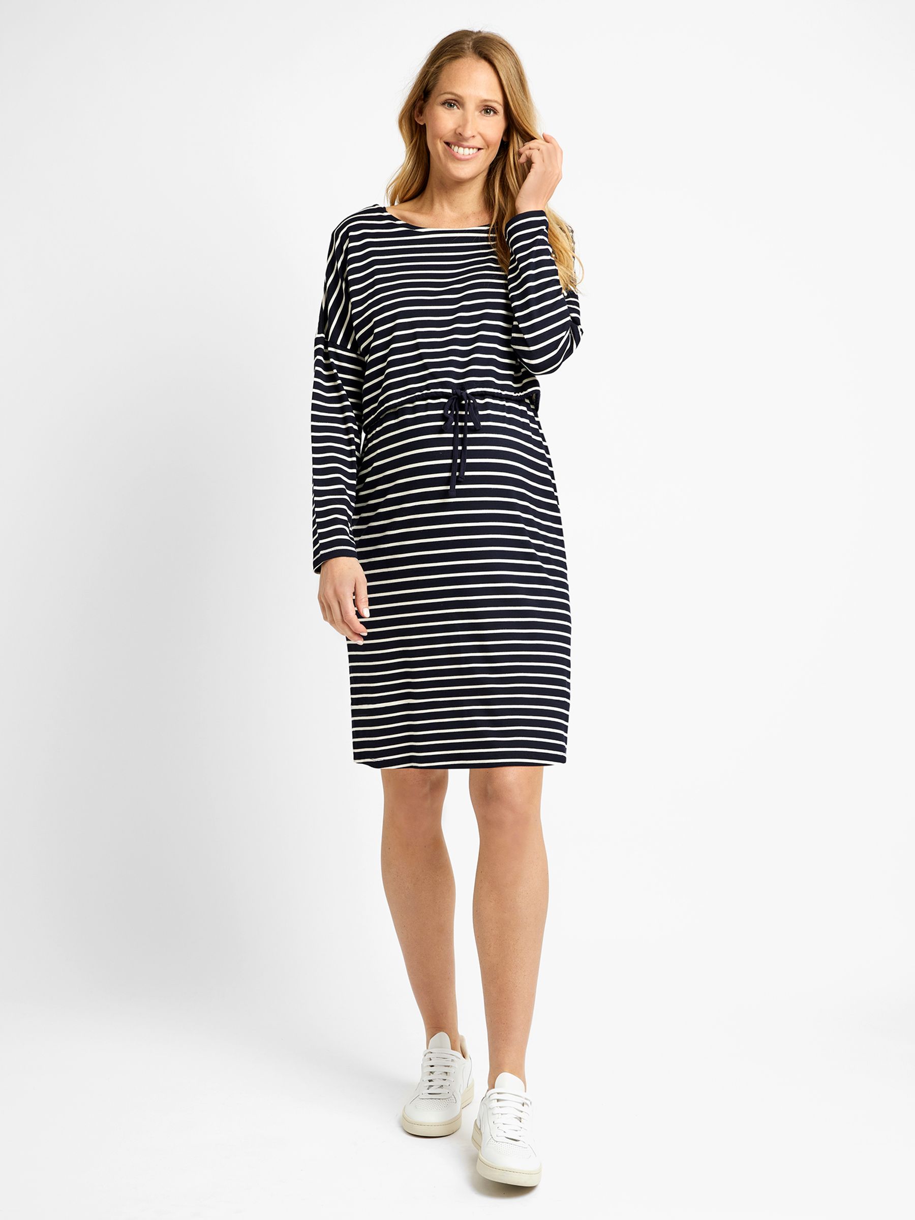 Navy Stripe Maternity & Nursing Drawstring Dress - Image 1 of 3