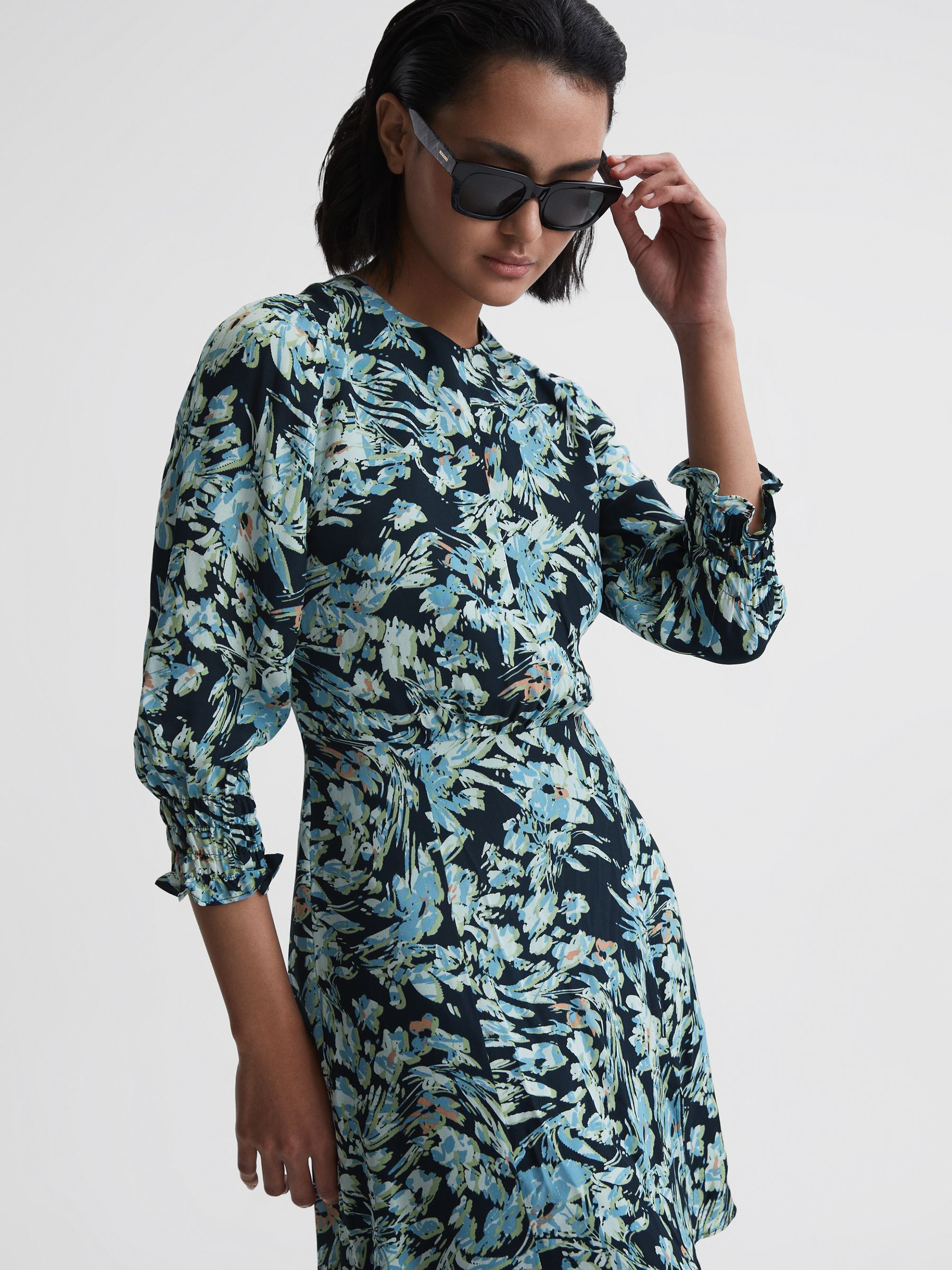 Floral Print Mini Dress in Navy/Blue - Image 4 of 7