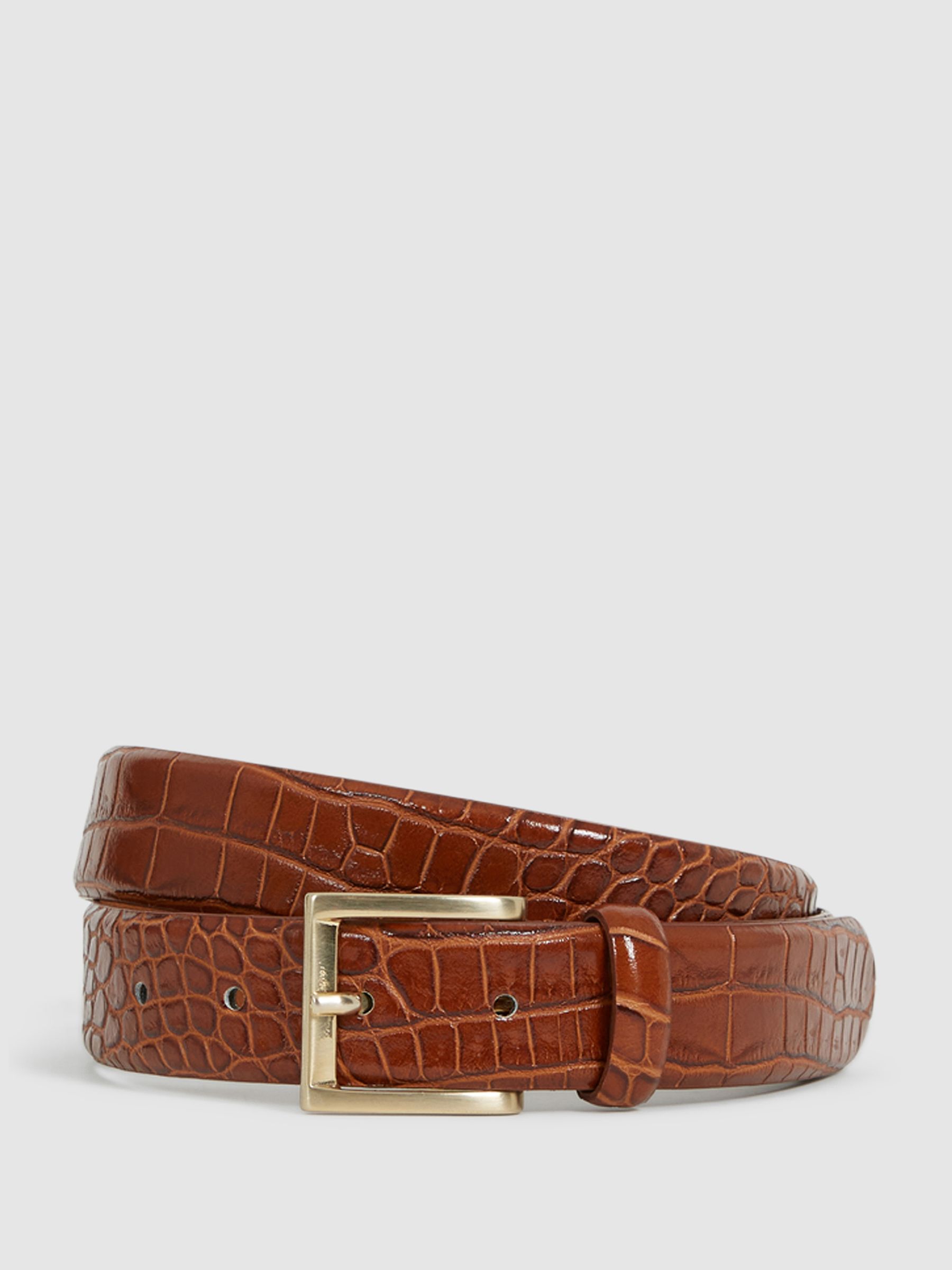 Leather Crocodile Print Belt in Tan - Image 1 of 7 Leather Crocodile Print Belt in Tan - Image 1 of 7