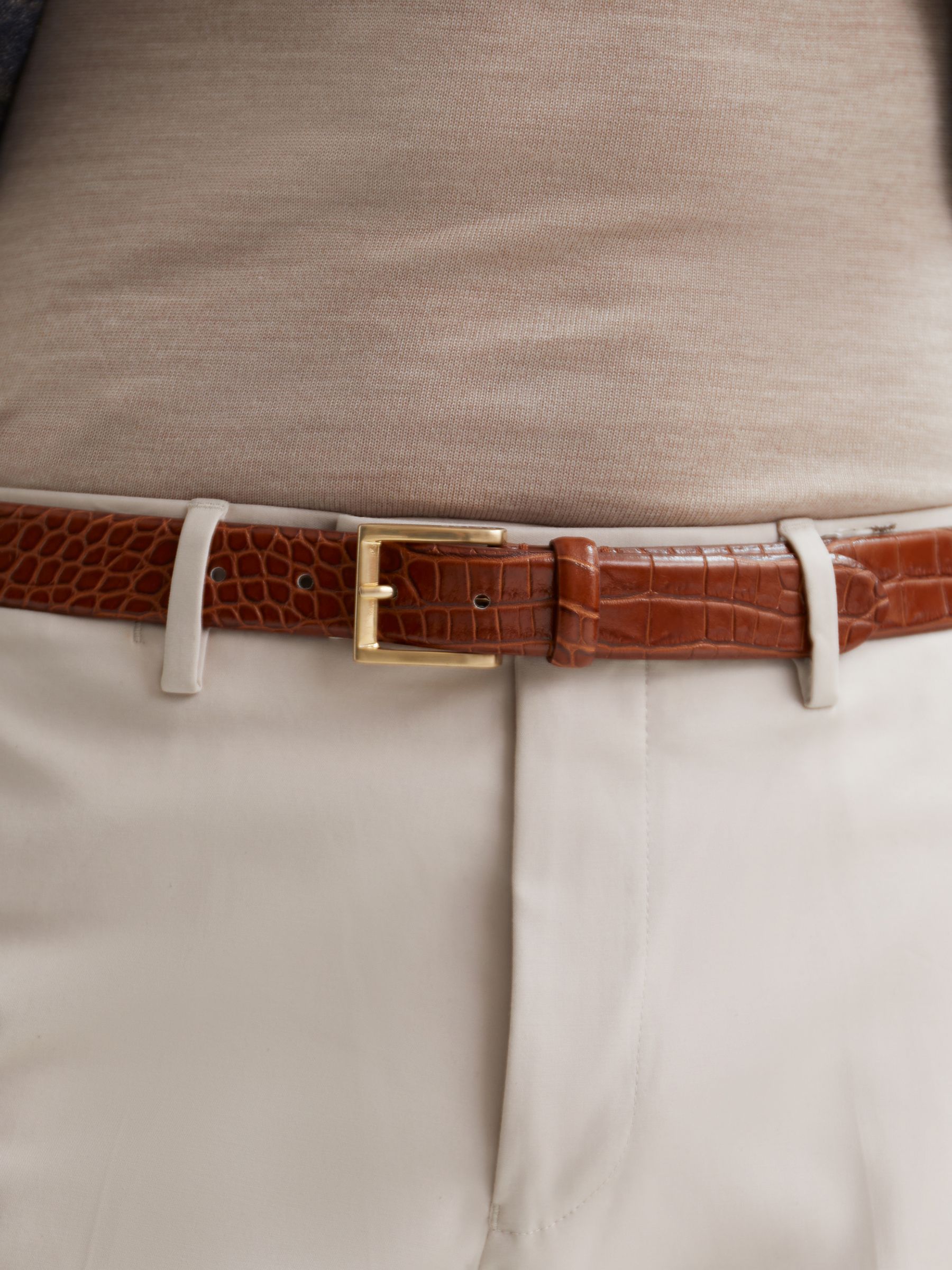 Leather Crocodile Print Belt in Tan - Image 4 of 7
