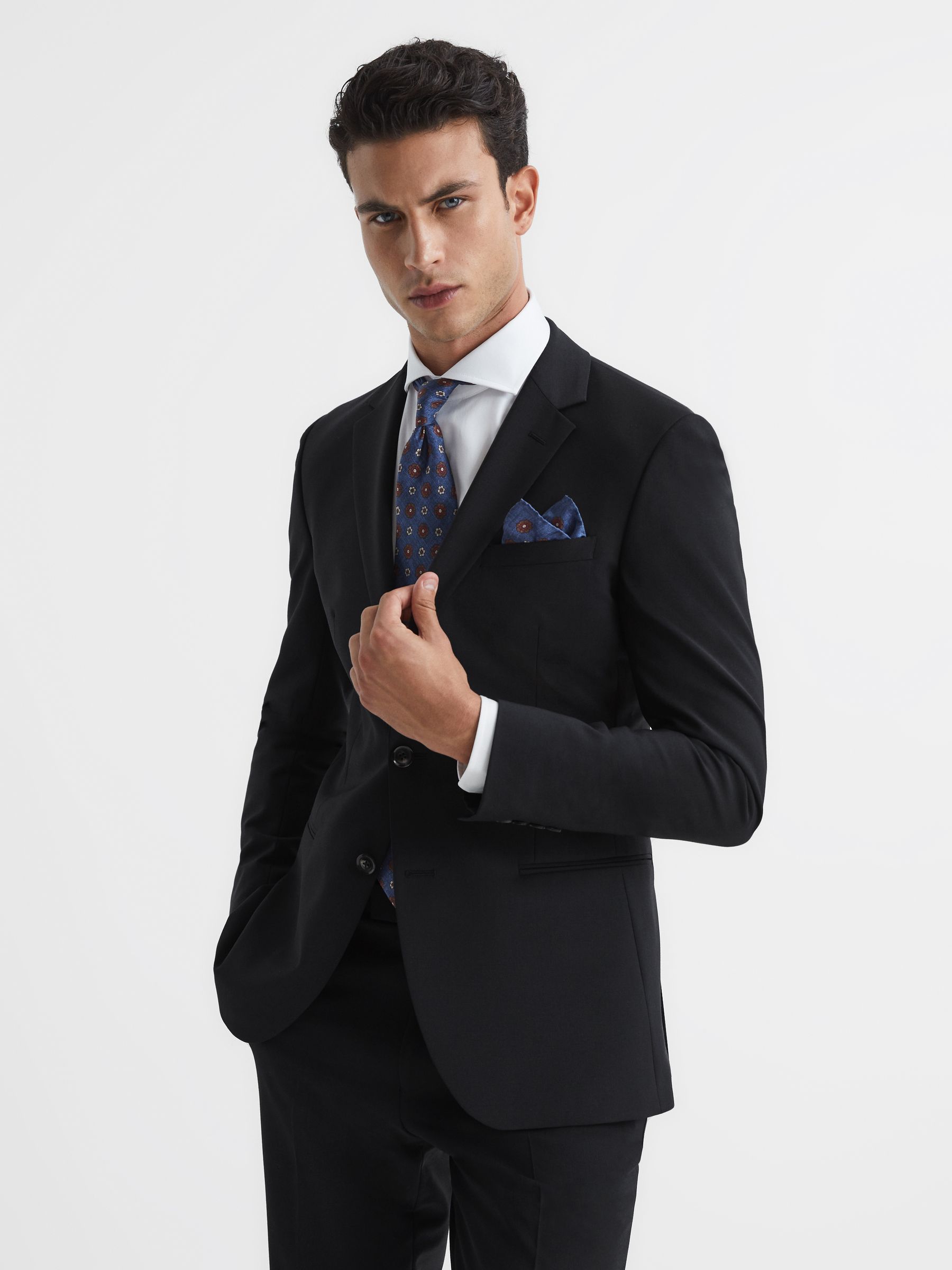 Slim Fit Single Breasted Wool Blazer in Black - Image 1 of 8