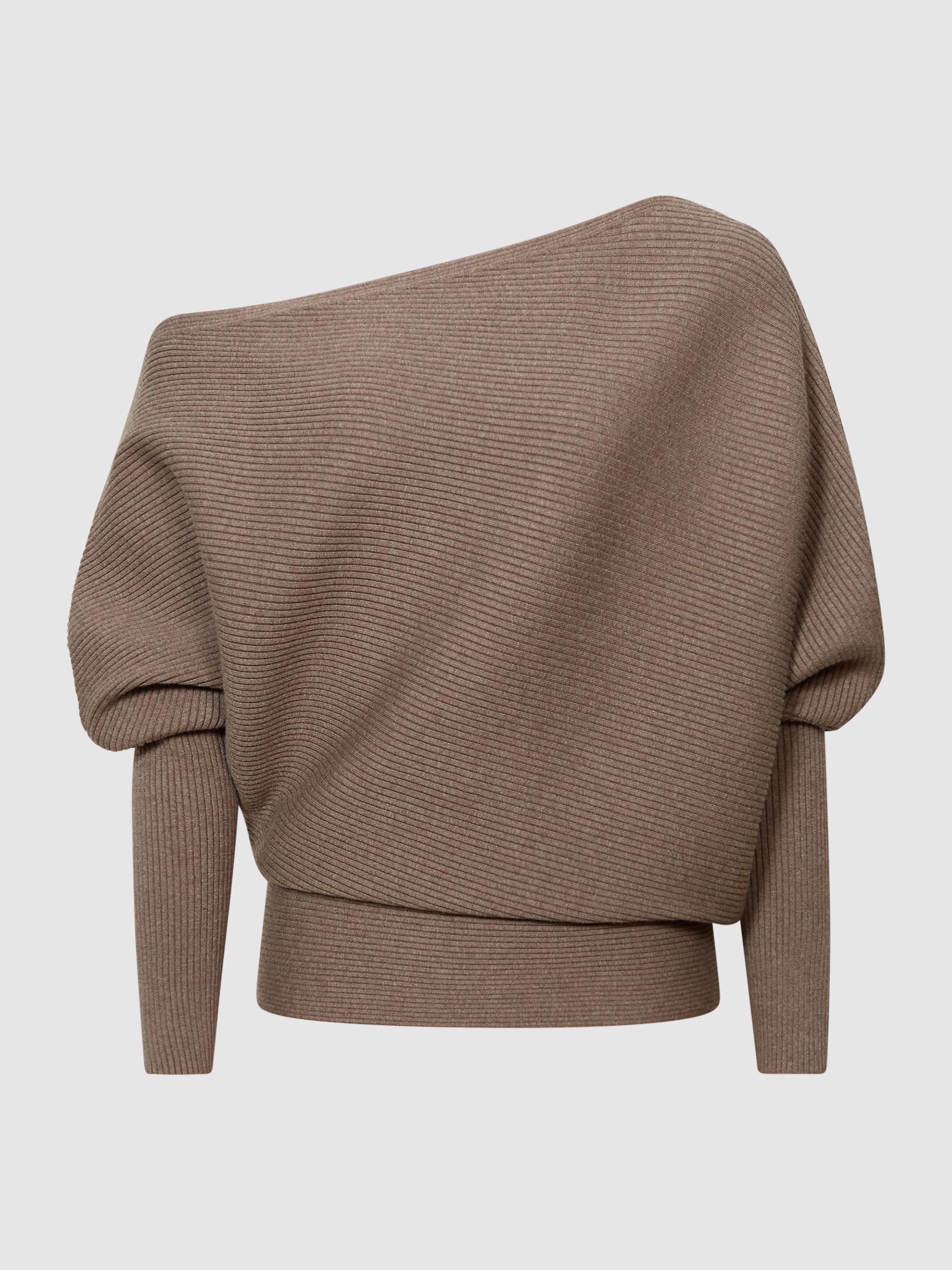 Asymmetric Drape Knitted Top in Mink - Image 2 of 6 Asymmetric Drape Knitted Top in Mink - Image 2 of 6