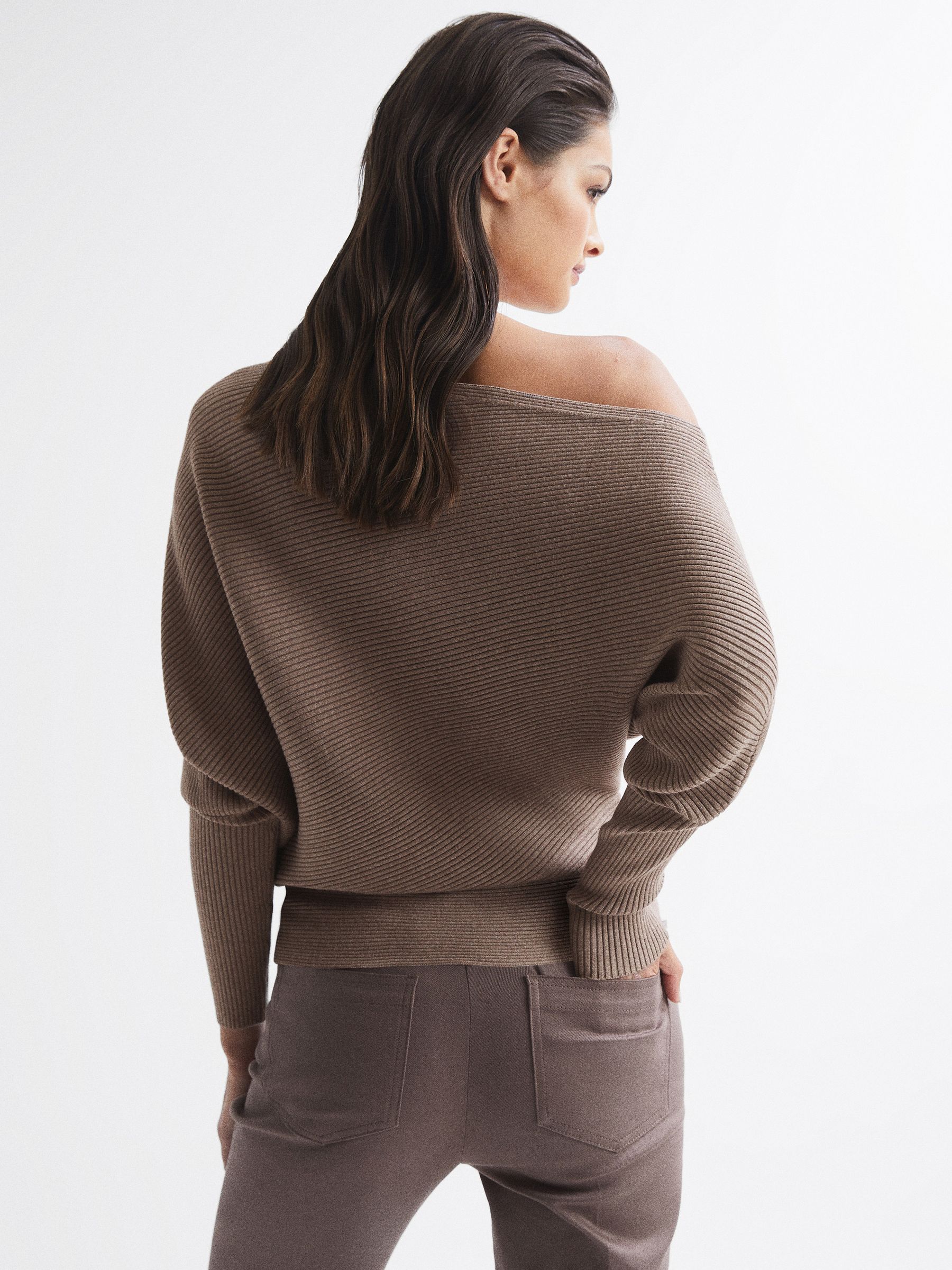 Reiss Asymmetric Drape Knitted Top in Mink | REISS