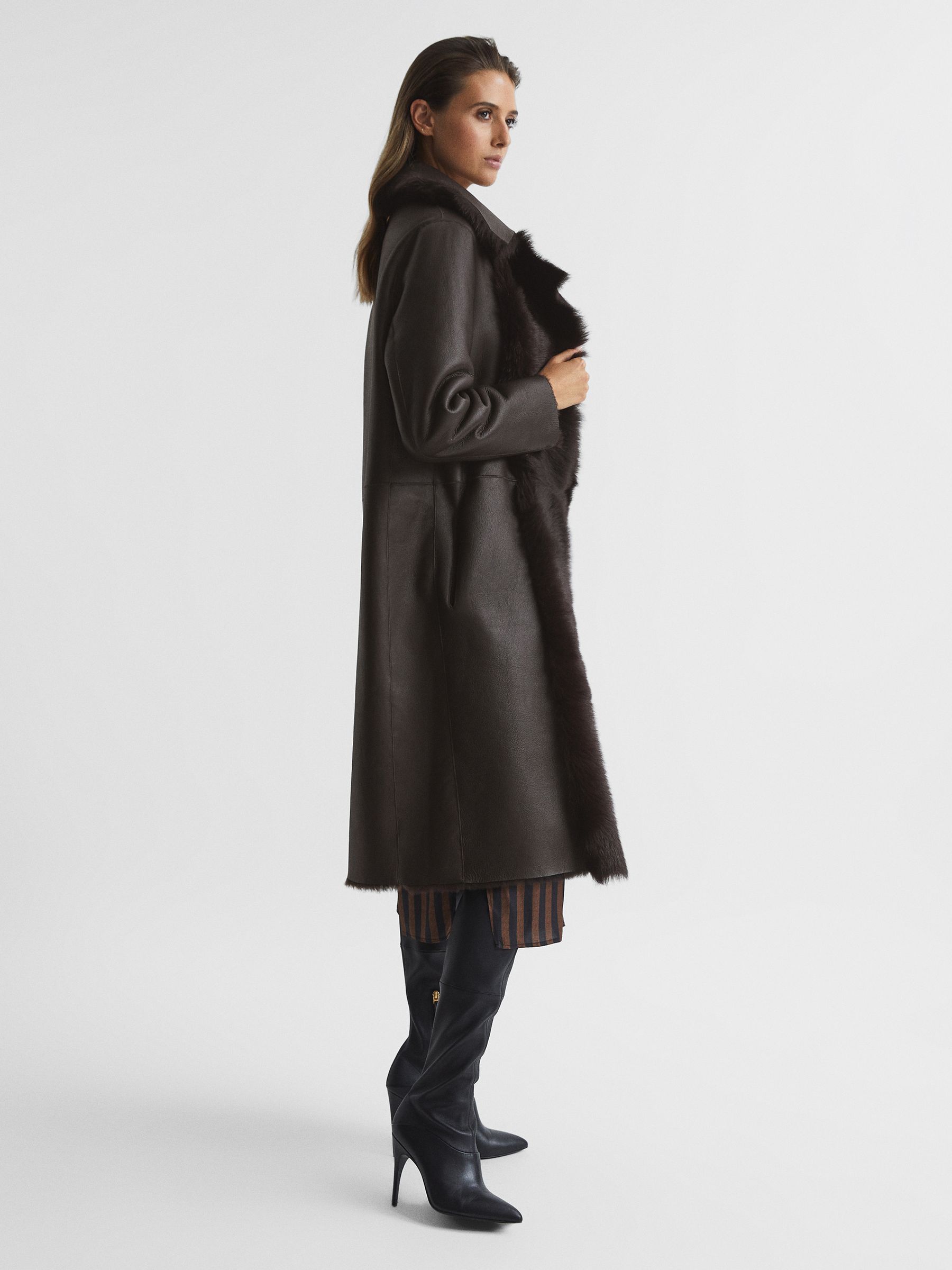 Petite Reversible Longline Shearling Coat in Dark Aubergine - Image 6 of 9