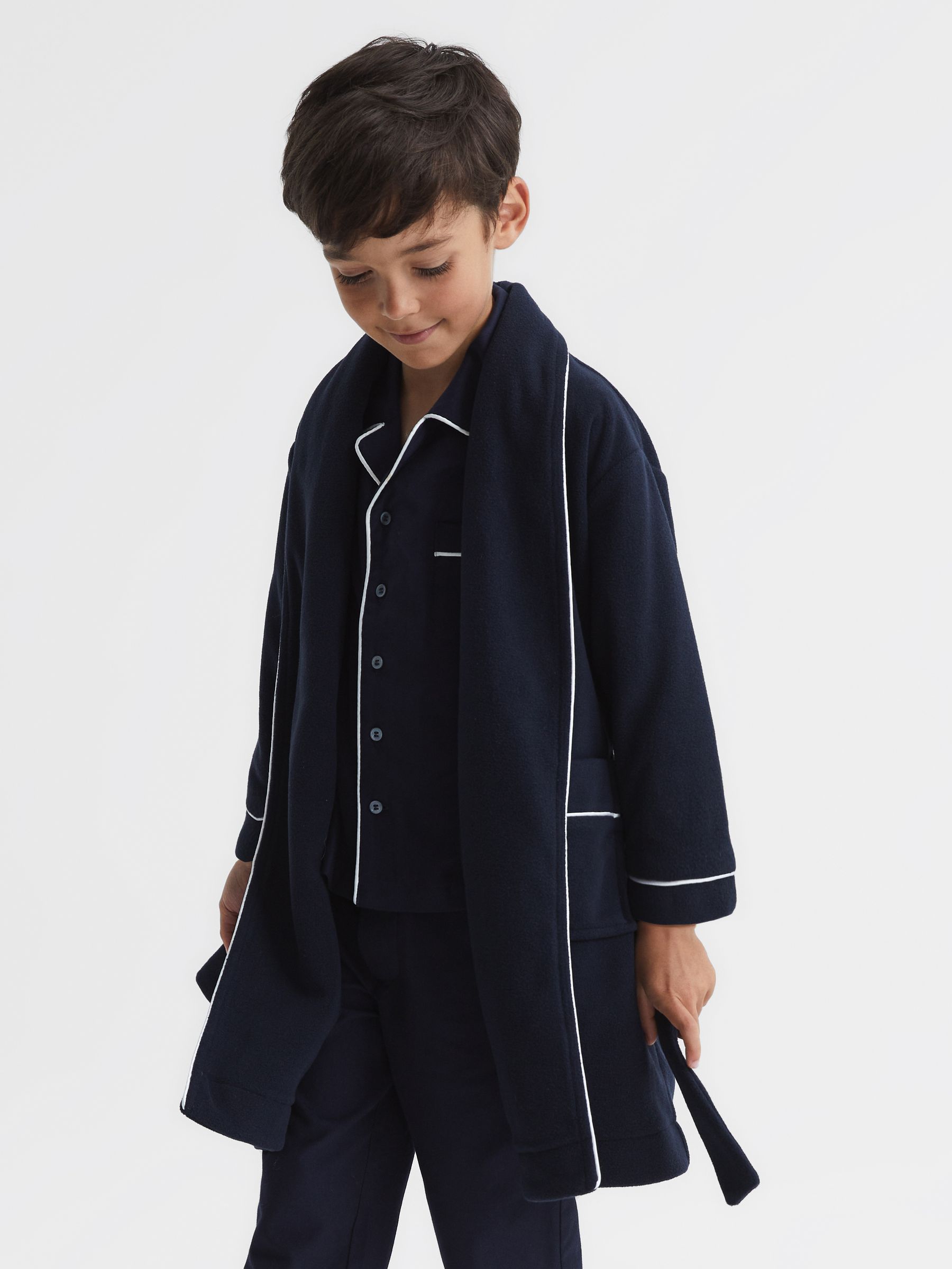 Senior Piped Fleece Dressing Gown Nightwear in Navy - Image 1 of 7 Senior Piped Fleece Dressing Gown Nightwear in Navy - Image 1 of 7